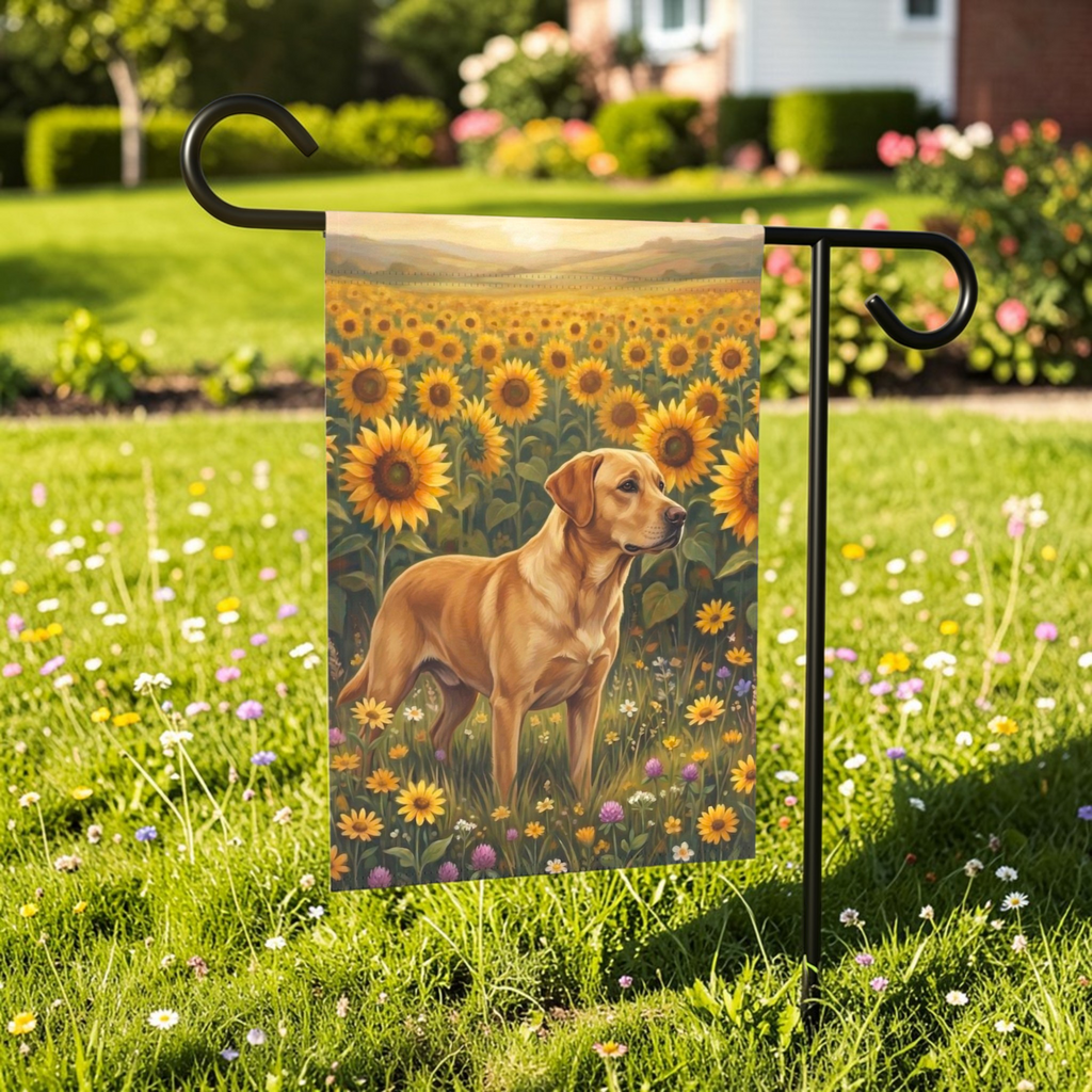 Sunflower Field Yellow Labrador Retriever Garden Flag - outdoor display - Dragonfire Gardens