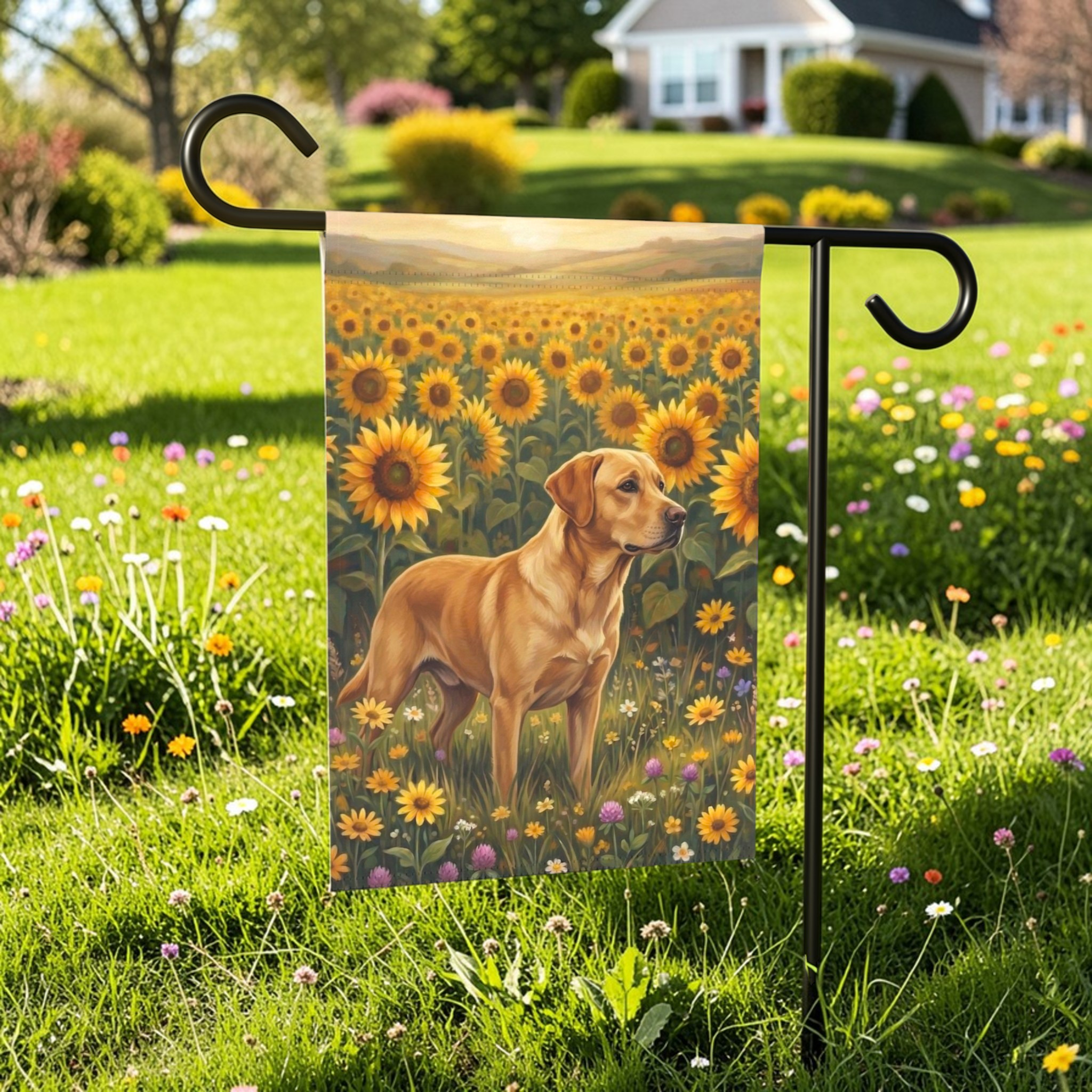 Sunflower Field Yellow Labrador Retriever Garden Flag - lifestyle display - Dragonfire Gardens