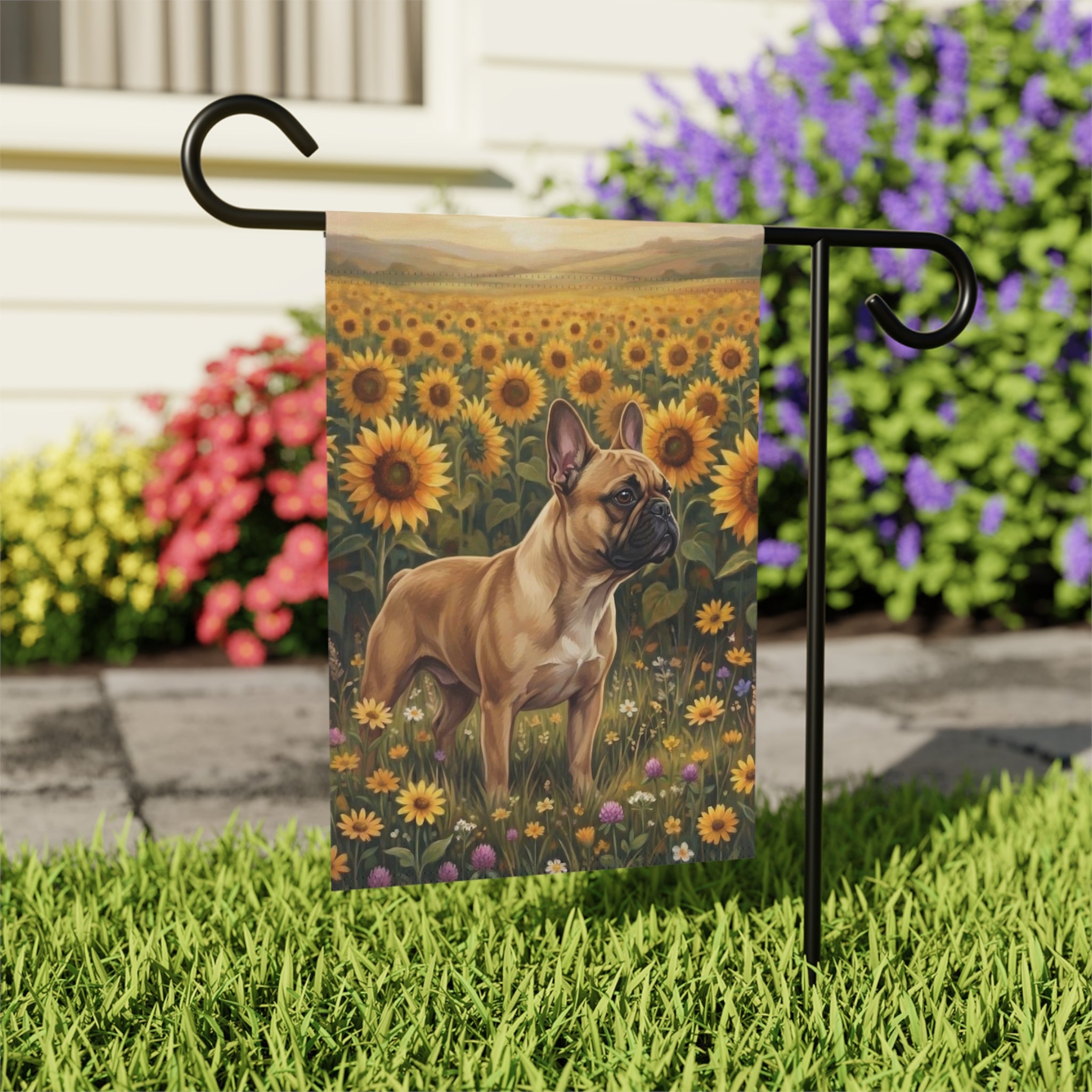 Sunflower Field French Bulldog Garden Flag - close-up detail - Dragonfire Gardens