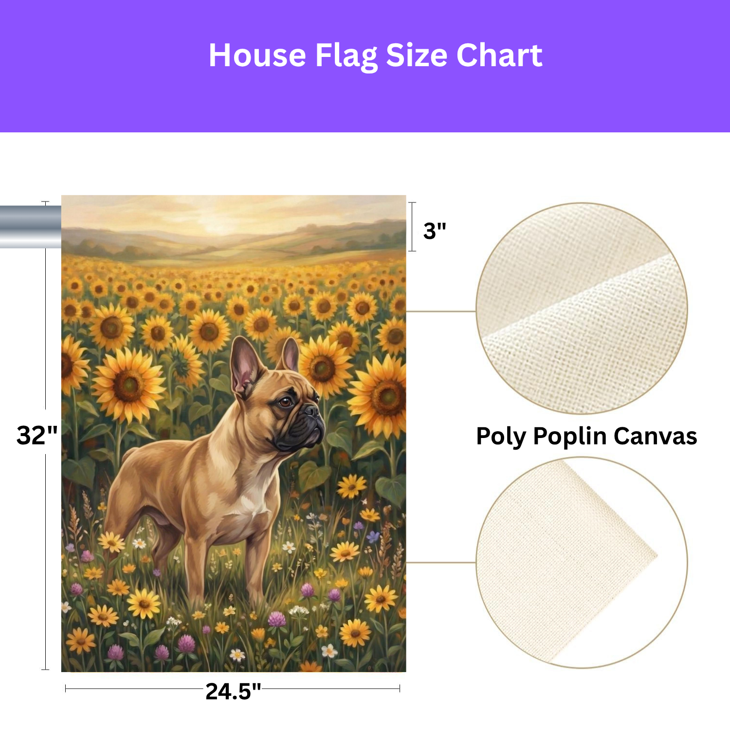 Sunflower Field French Bulldog Garden Flag - size comparison - Dragonfire Gardens