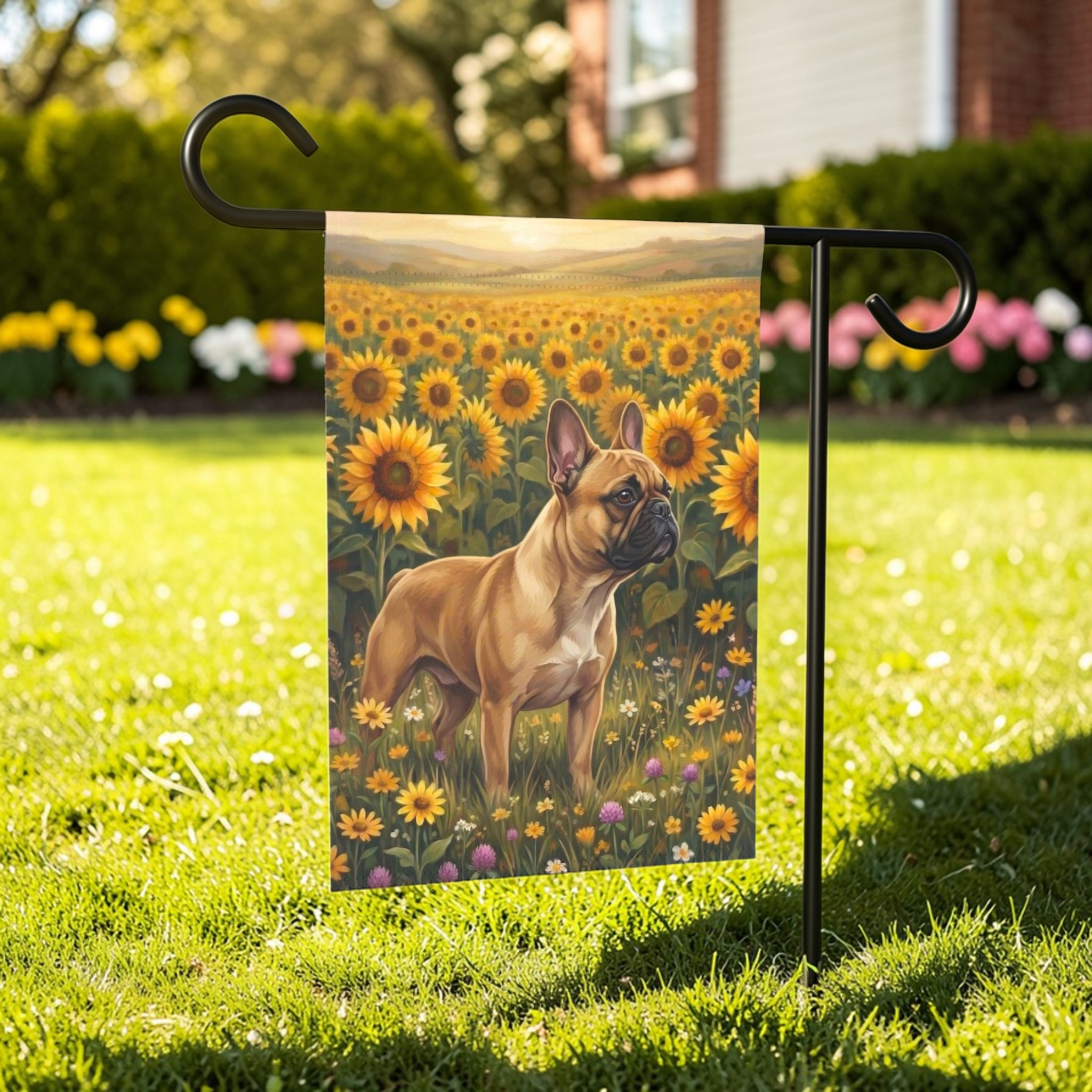 Sunflower Field French Bulldog Garden Flag - lifestyle display - Dragonfire Gardens