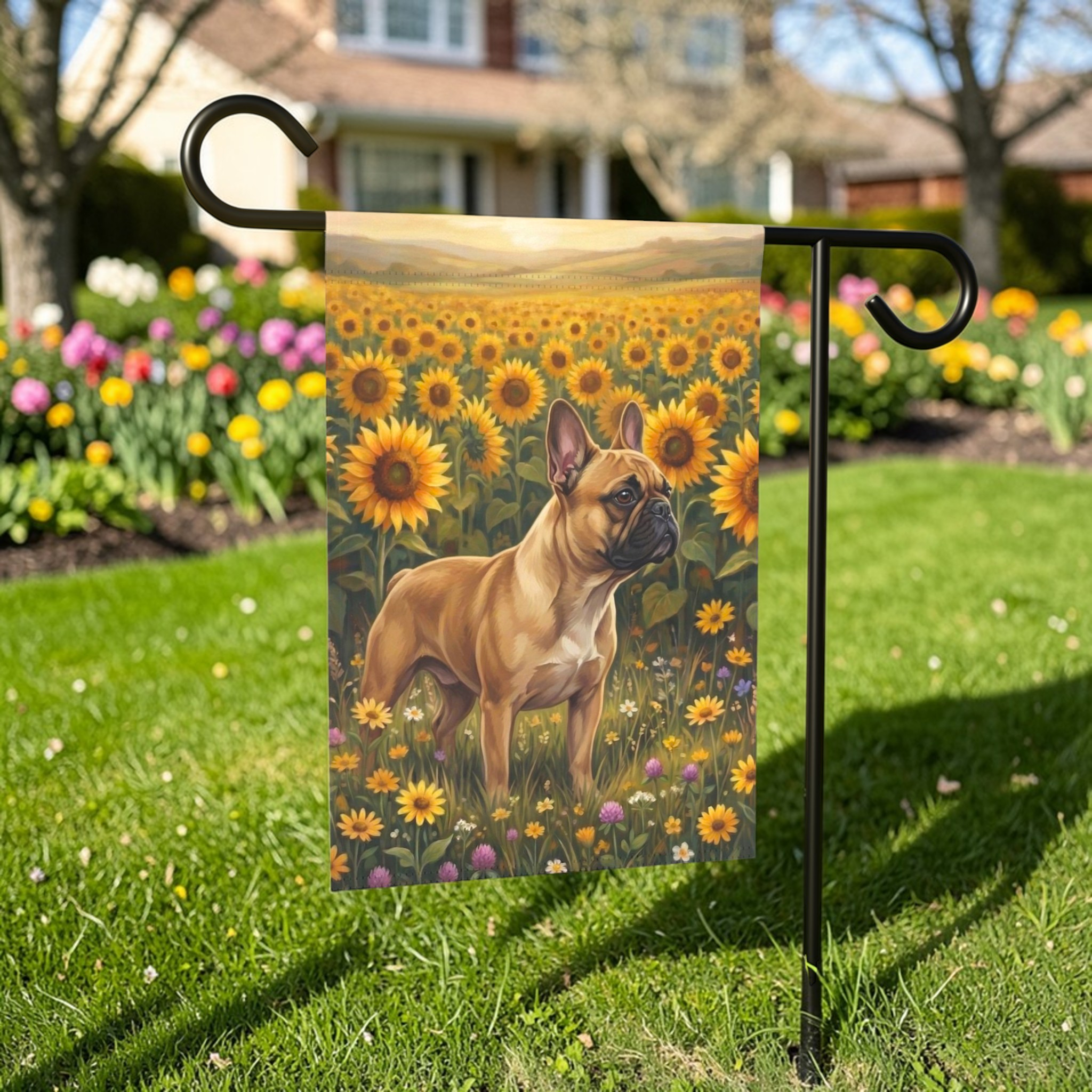 Sunflower Field French Bulldog Garden Flag - outdoor display - Dragonfire Gardens