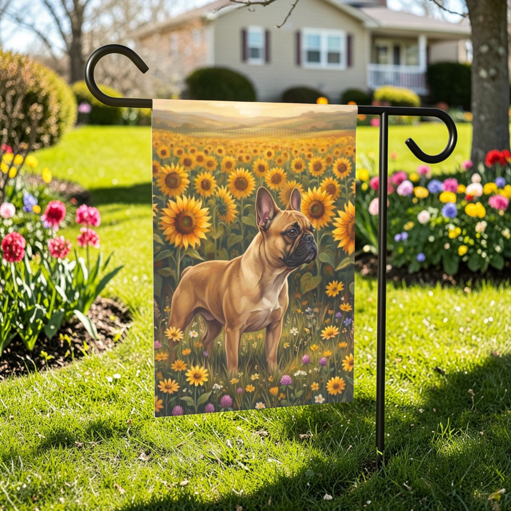 Sunflower Field French Bulldog Garden Flag - front view - Dragonfire Gardens