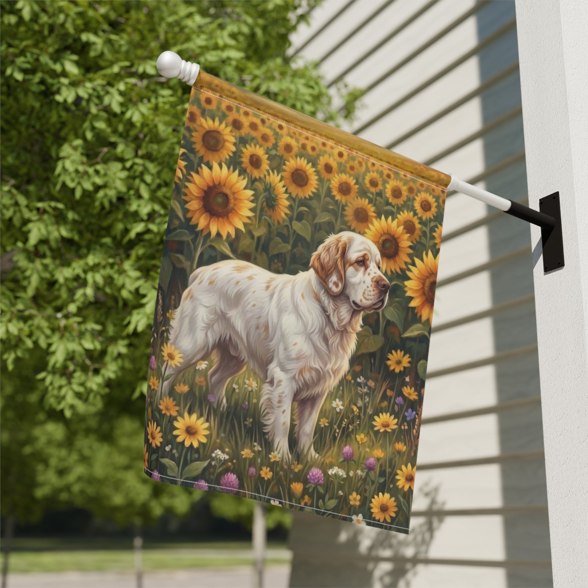 Sunflower Field Clumber Spaniel Garden Flag - yard display - Dragonfire Gardens