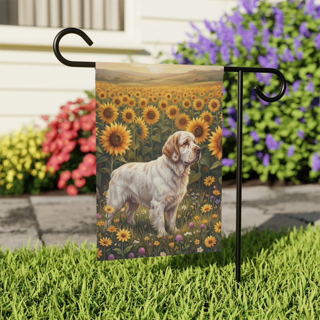 Sunflower Field Clumber Spaniel Garden Flag - close-up detail - Dragonfire Gardens