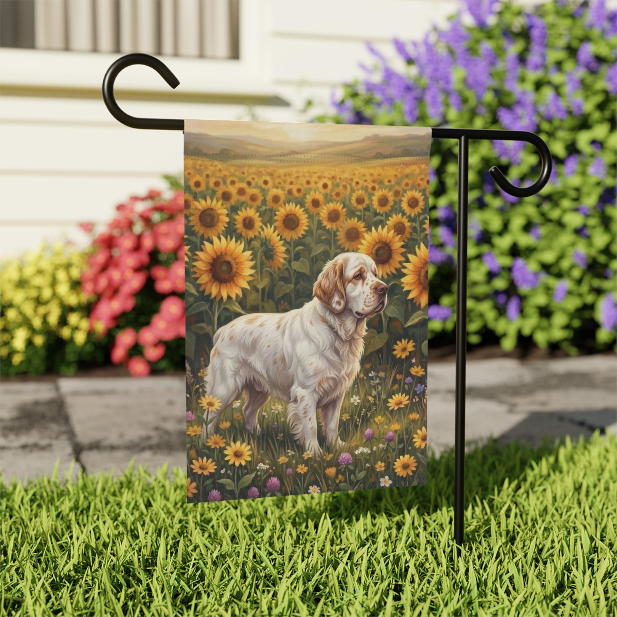 Sunflower Field Clumber Spaniel Garden Flag - close-up detail - Dragonfire Gardens