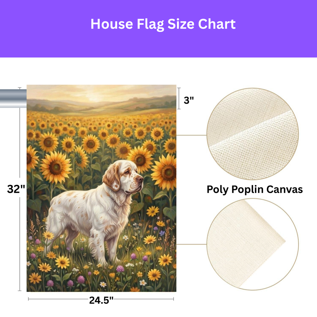 Sunflower Field Clumber Spaniel Garden Flag - size comparison - Dragonfire Gardens