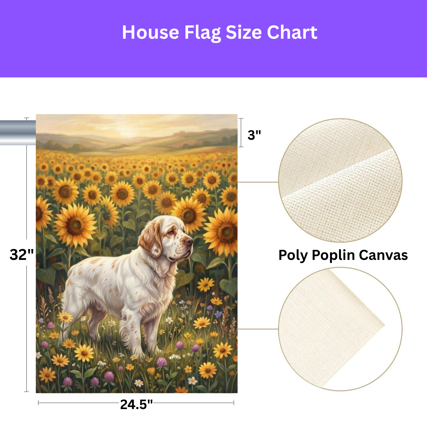 Sunflower Field Clumber Spaniel Garden Flag - size comparison - Dragonfire Gardens