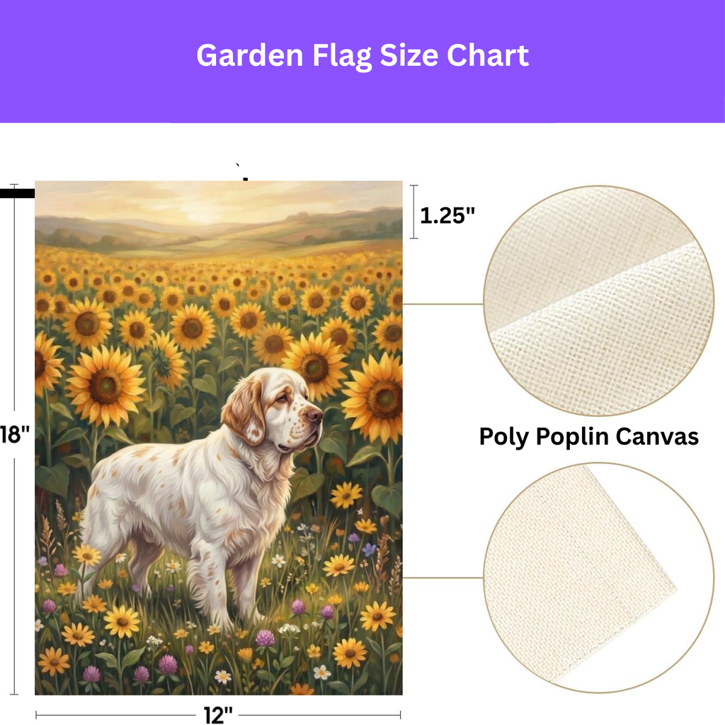 Sunflower Field Clumber Spaniel Garden Flag - double-sided design - Dragonfire Gardens