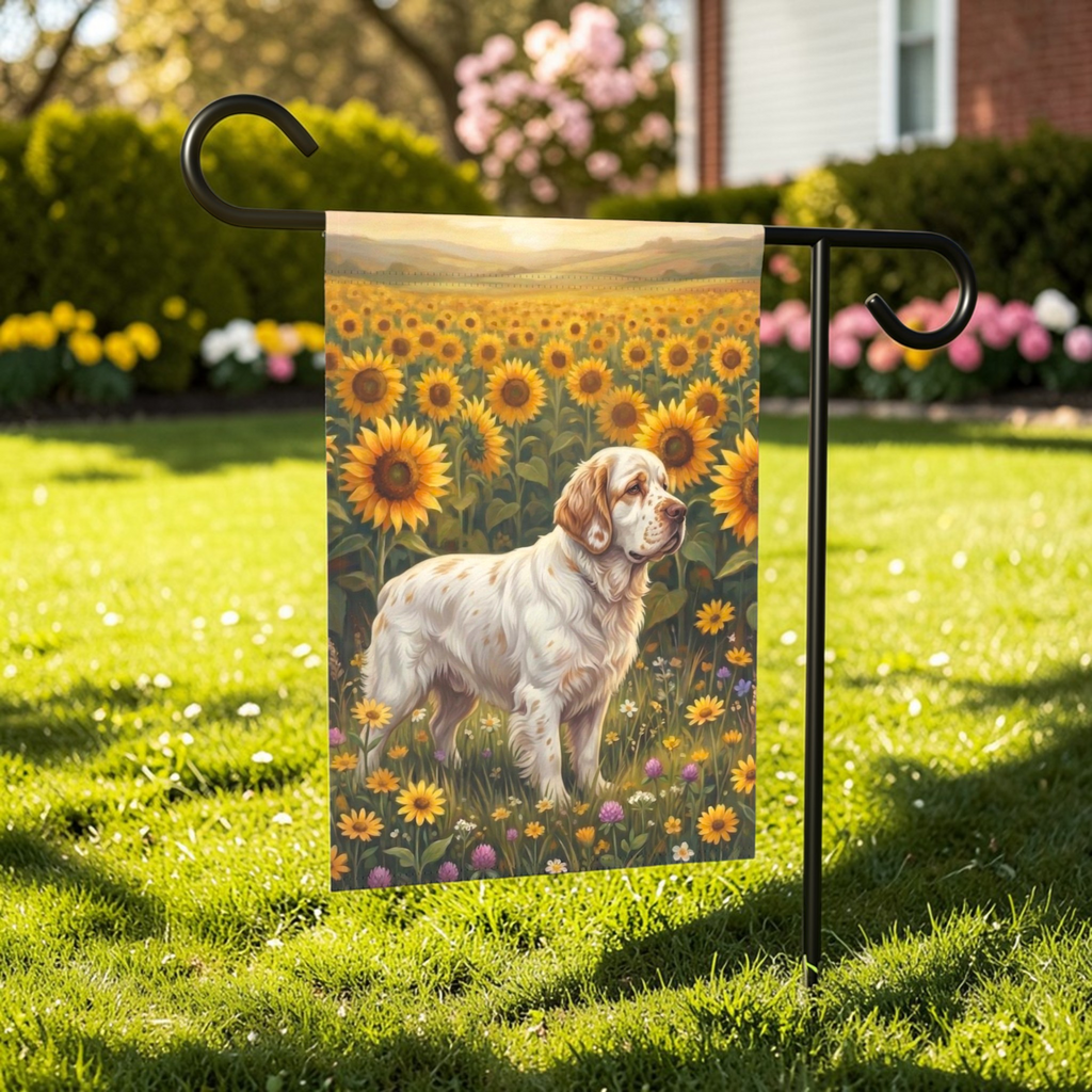 Sunflower Field Clumber Spaniel Garden Flag - outdoor display - Dragonfire Gardens