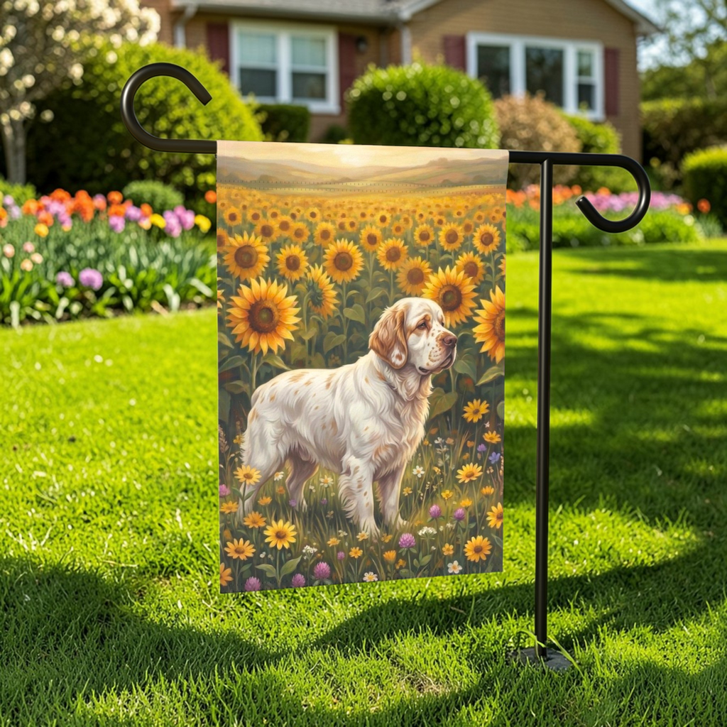 Sunflower Field Clumber Spaniel Garden Flag - lifestyle display - Dragonfire Gardens