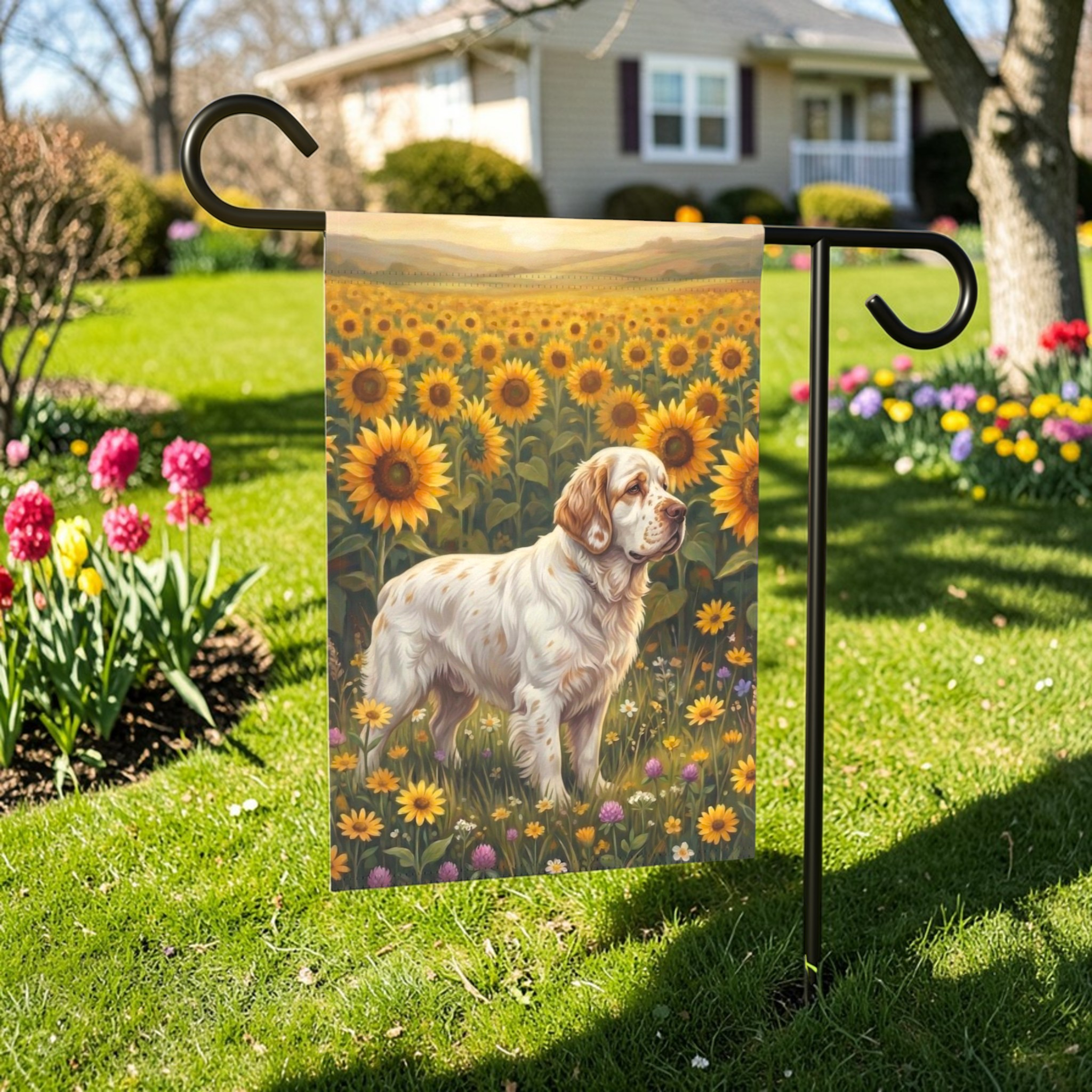 Sunflower Field Clumber Spaniel Garden Flag - front view - Dragonfire Gardens