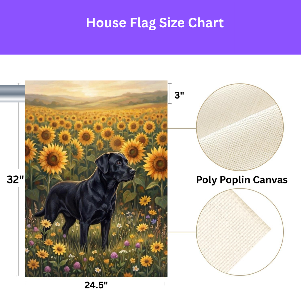 Sunflower Field Black Labrador Retriever Garden Flag - size comparison - Dragonfire Gardens