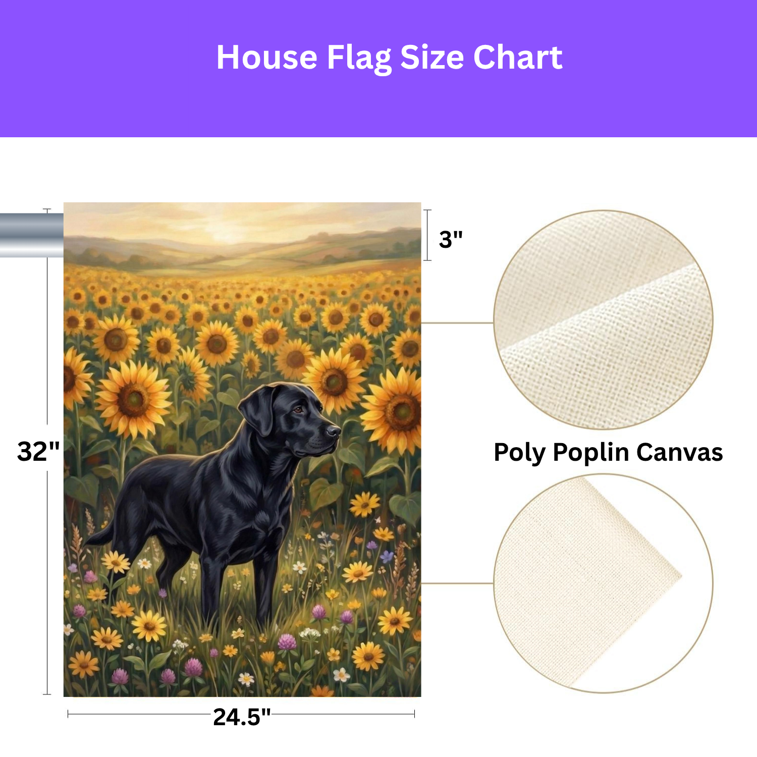 Sunflower Field Black Labrador Retriever Garden Flag - size comparison - Dragonfire Gardens