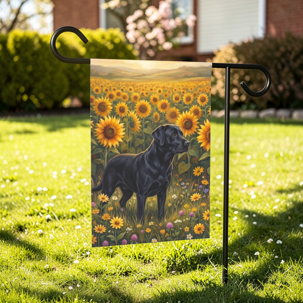Sunflower Field Black Labrador Retriever Garden Flag - outdoor display - Dragonfire Gardens