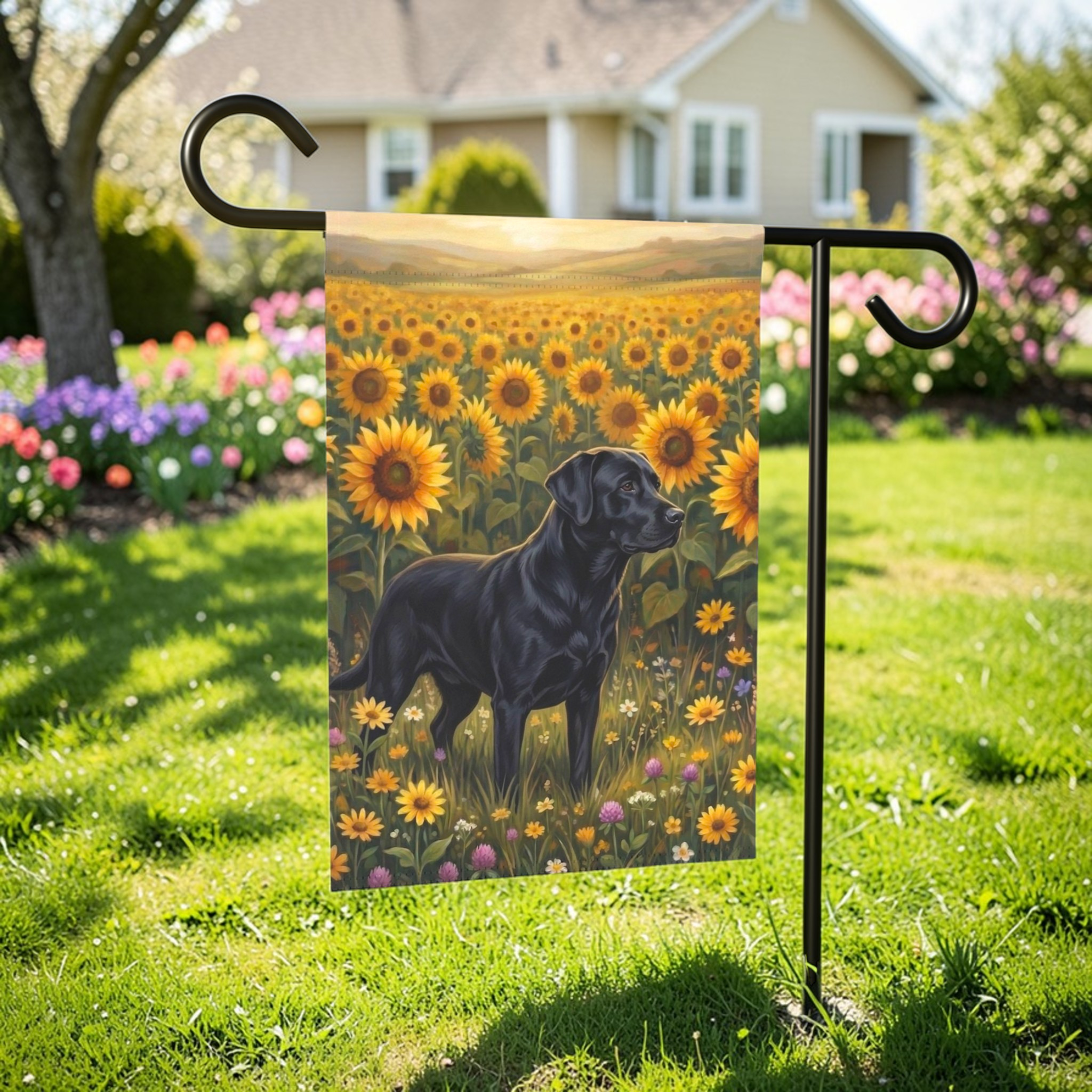 Sunflower Field Black Labrador Retriever Garden Flag - lifestyle display - Dragonfire Gardens