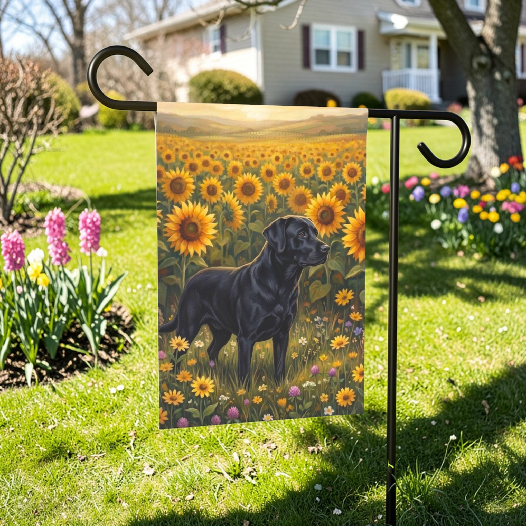 Sunflower Field Black Labrador Retriever Garden Flag - front view - Dragonfire Gardens