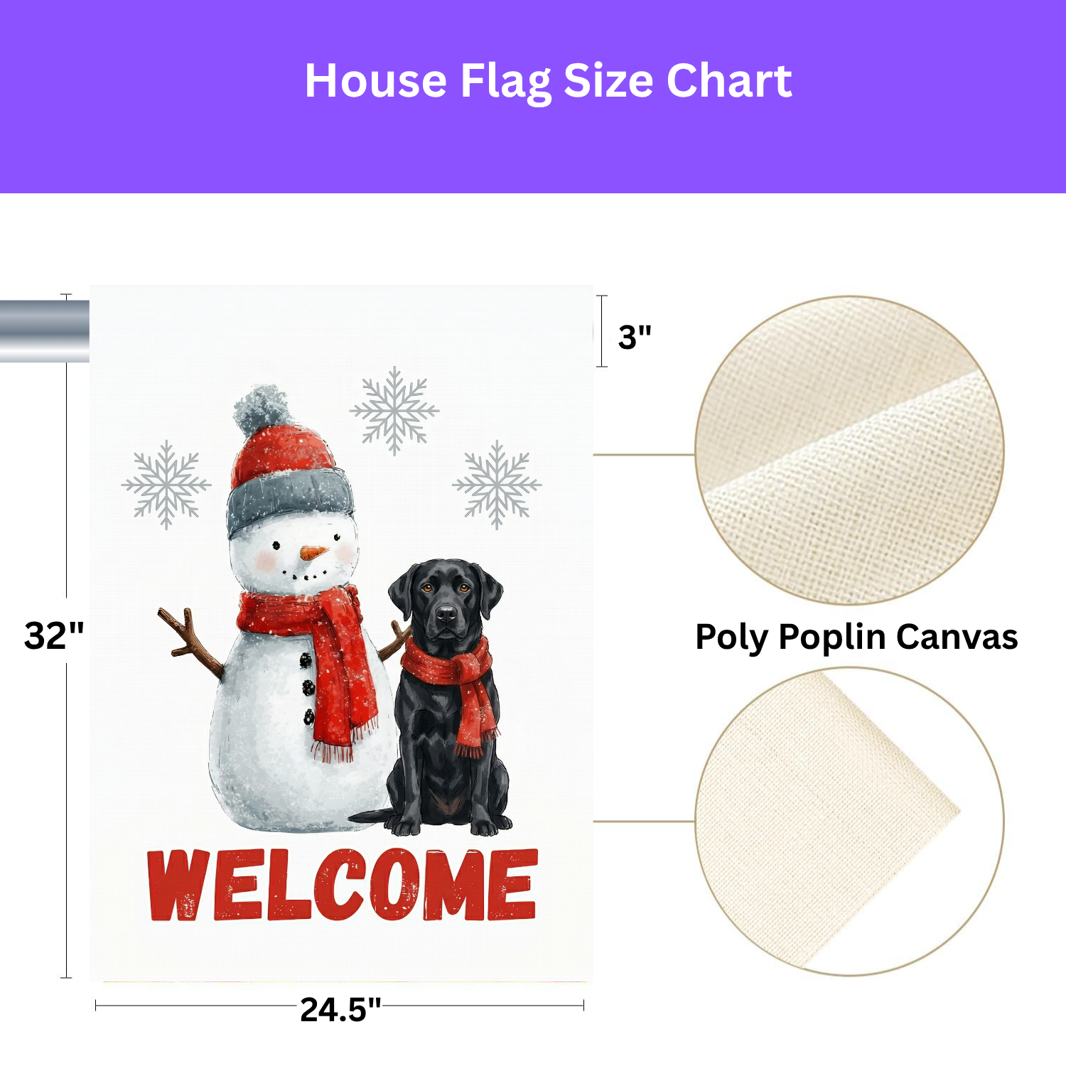 Black Labrador Retriever and Snowman Welcome Garden Flag - size comparison - Dragonfire Gardens