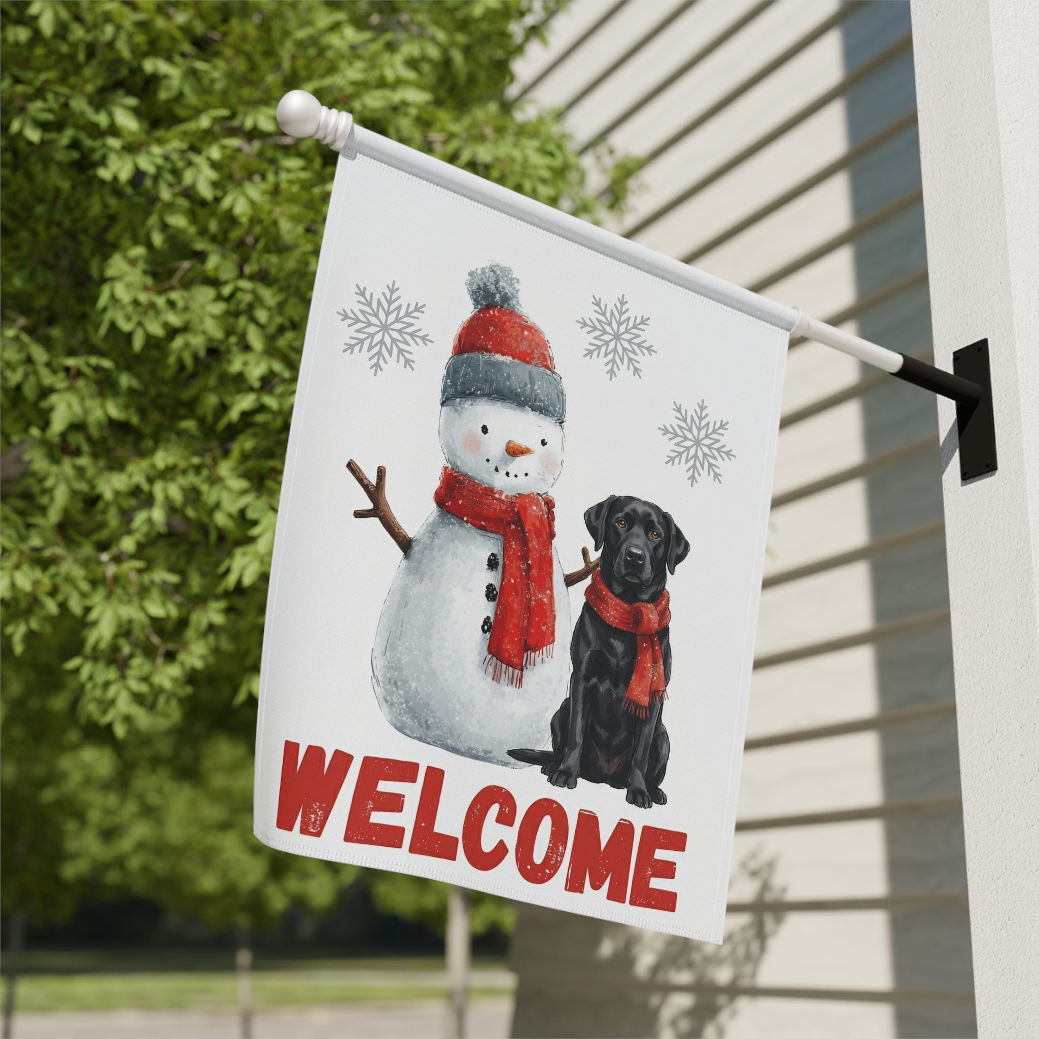 Black Labrador Retriever and Snowman Welcome Garden Flag - yard display - Dragonfire Gardens