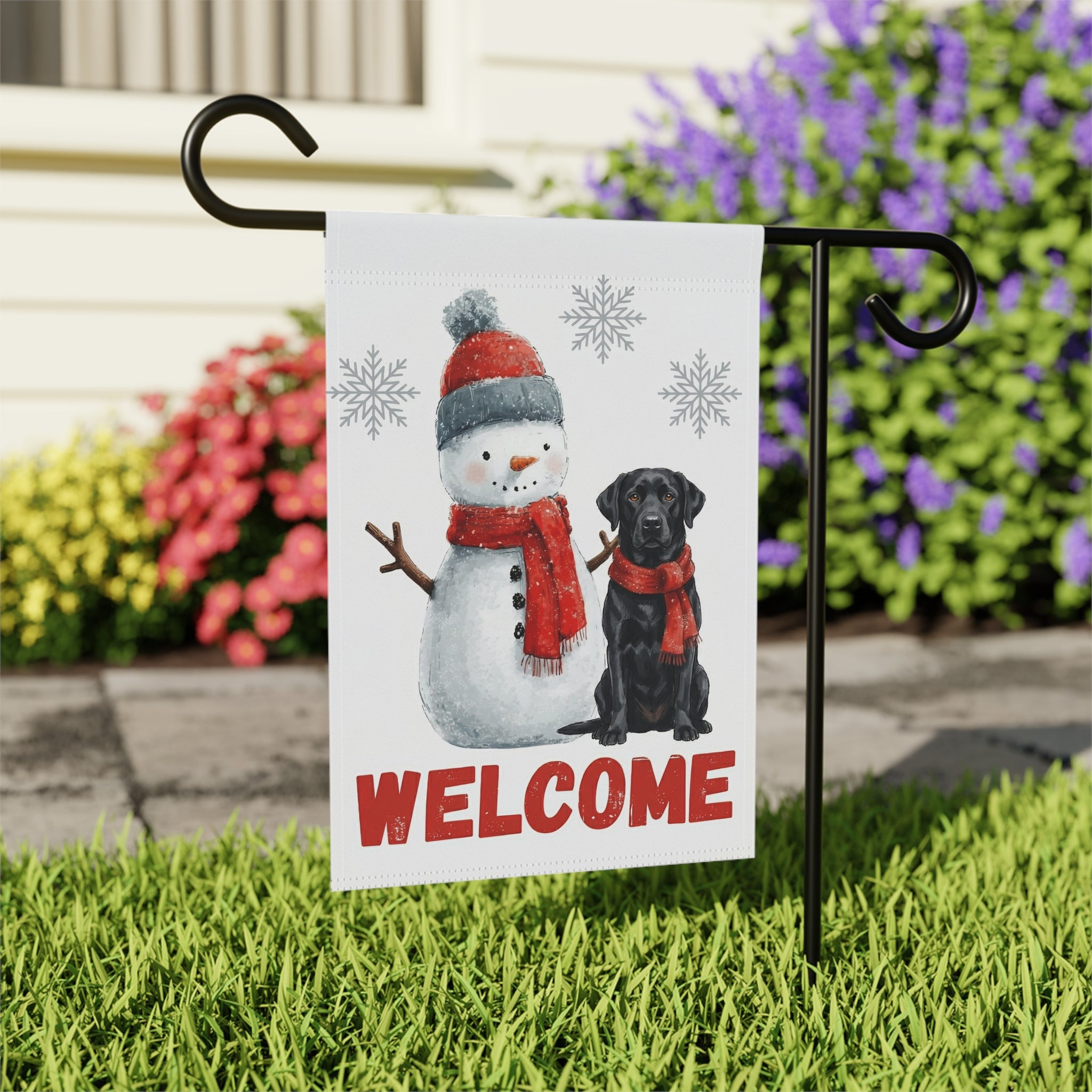 Black Labrador Retriever and Snowman Welcome Garden Flag - close-up detail - Dragonfire Gardens