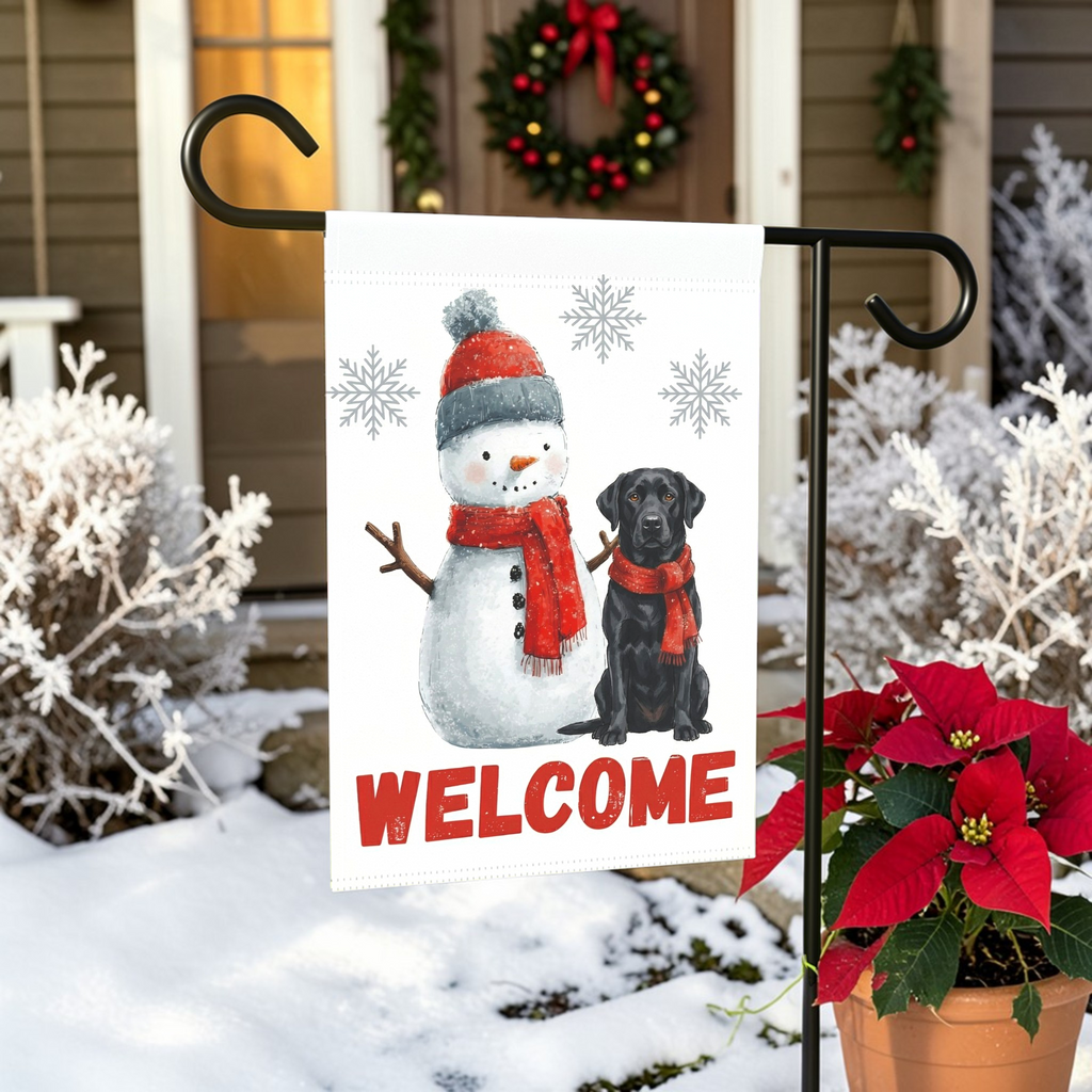 Black Labrador Retriever and Snowman Welcome Garden Flag - front view - Dragonfire Gardens