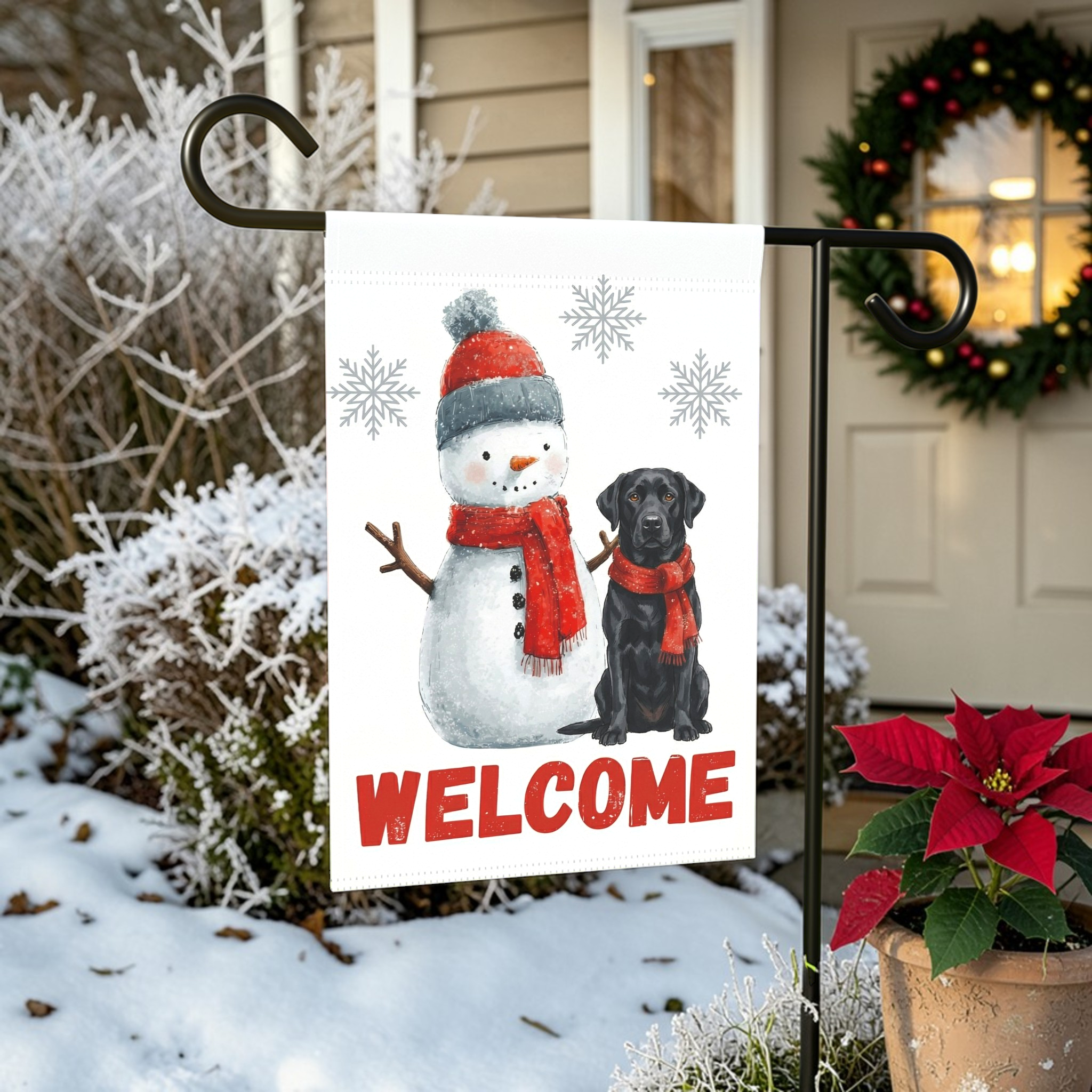 Black Labrador Retriever and Snowman Welcome Garden Flag - lifestyle display - Dragonfire Gardens