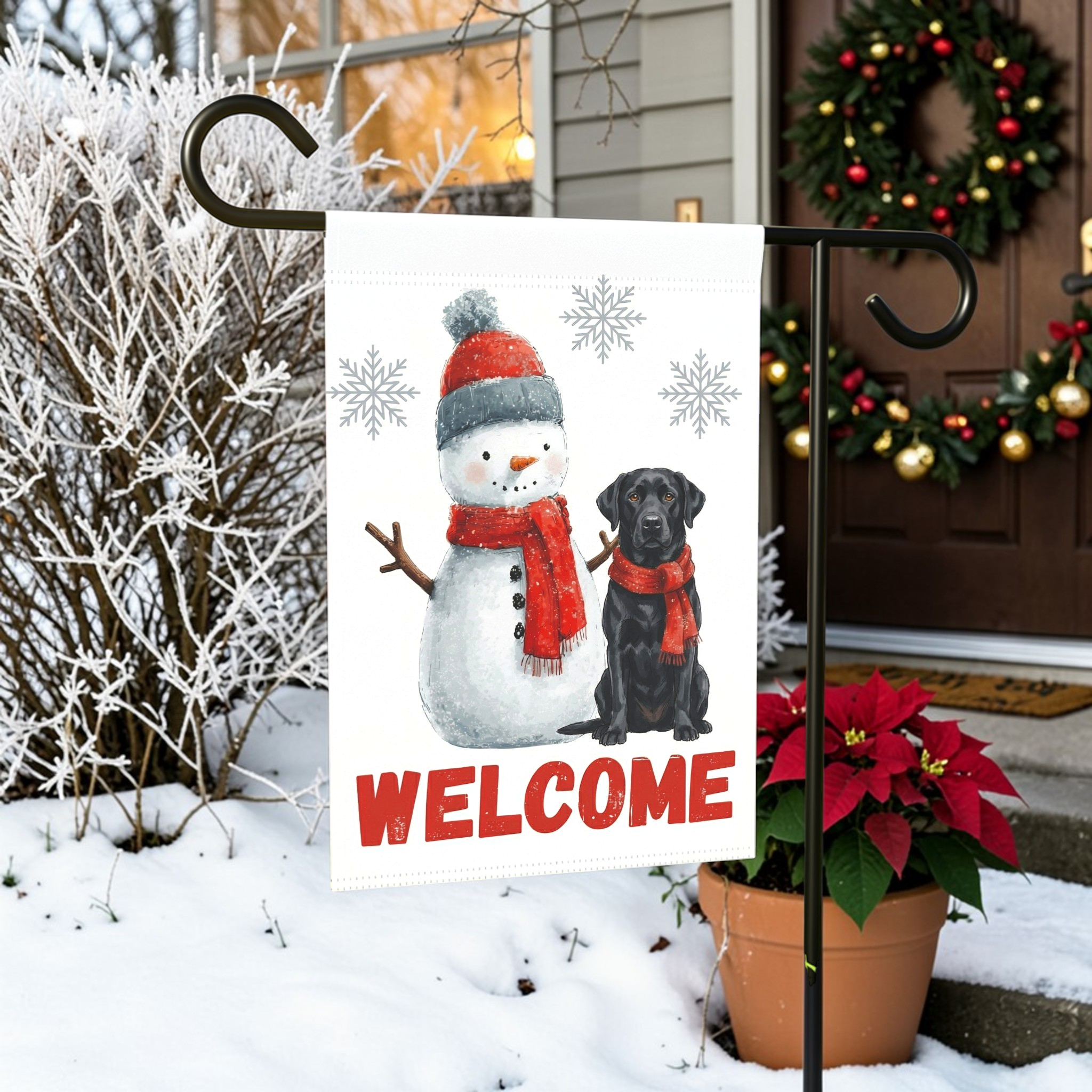 Black Labrador Retriever and Snowman Welcome Garden Flag - outdoor display - Dragonfire Gardens