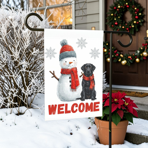 Black Labrador Retriever and Snowman Welcome Garden Flag - outdoor display - Dragonfire Gardens