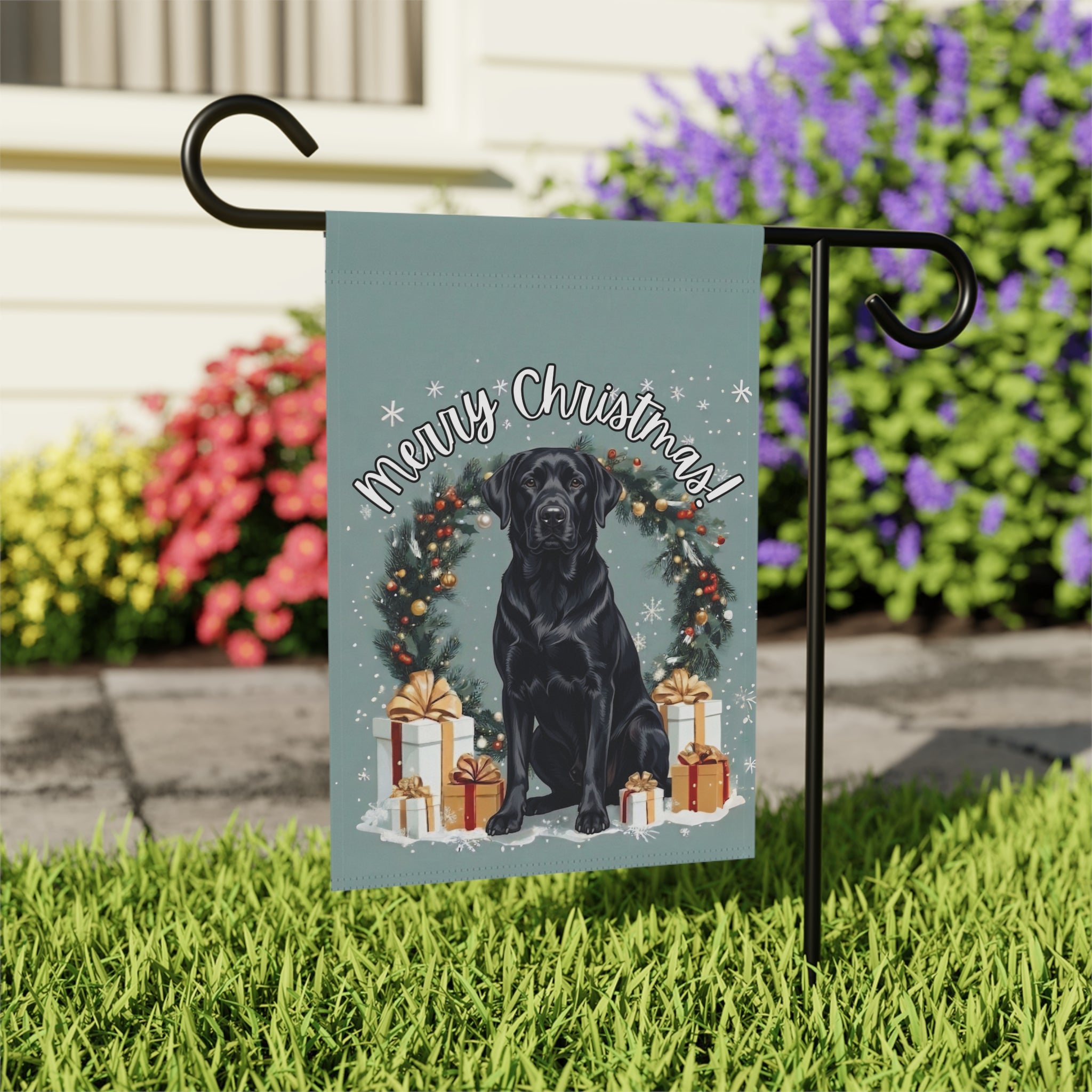 Merry Christmas Black Labrador Retriever Garden Flag - close-up detail - Dragonfire Gardens