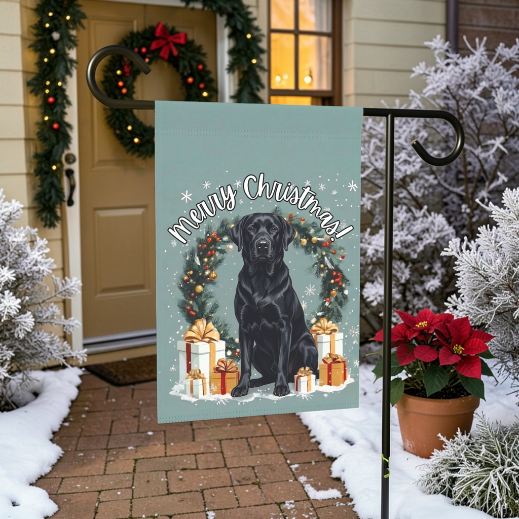 Merry Christmas Black Labrador Retriever Garden Flag - lifestyle display - Dragonfire Gardens