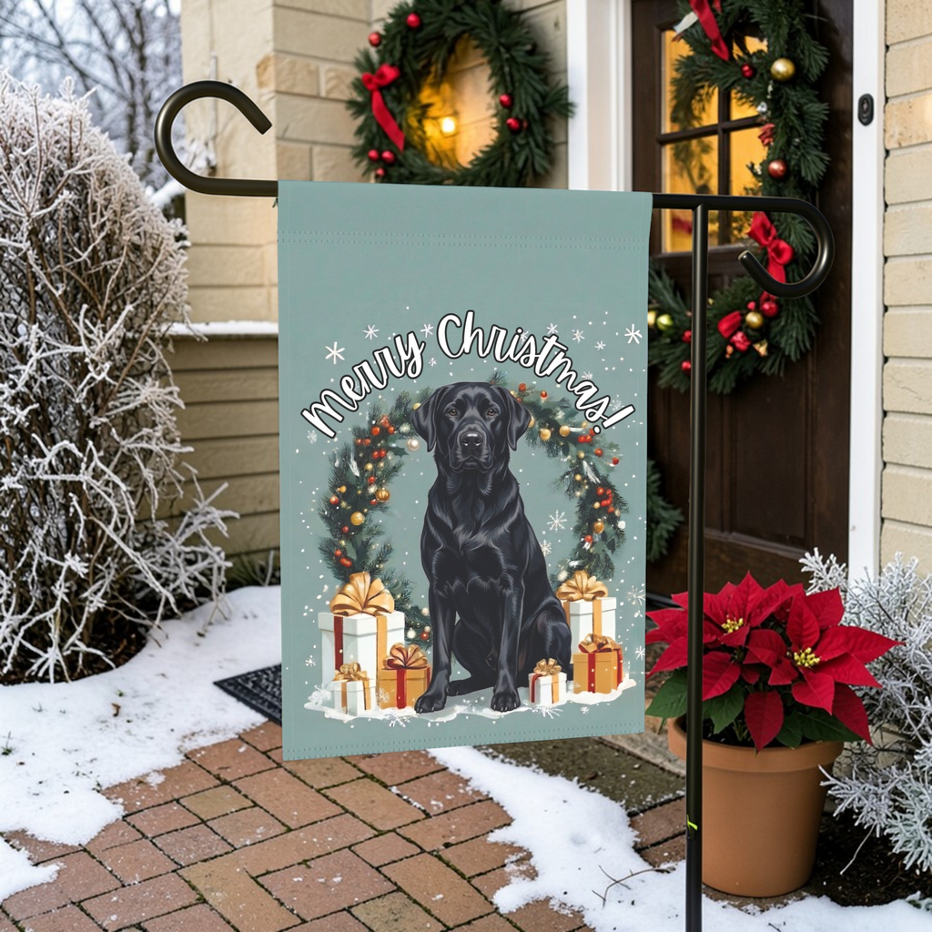 Merry Christmas Black Labrador Retriever Garden Flag - front view - Dragonfire Gardens
