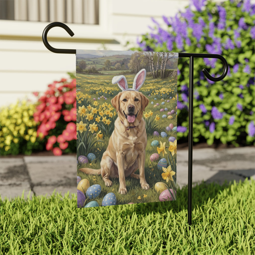 Pink Bunny Ears Yellow Labrador Retriever Easter Garden Flag - close-up detail - Dragonfire Gardens