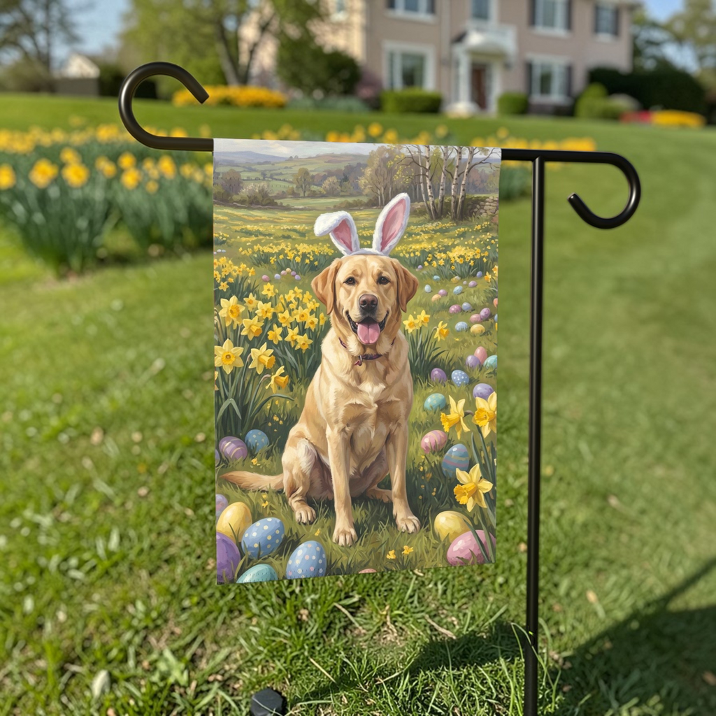 Pink Bunny Ears Yellow Labrador Retriever Easter Garden Flag - front view - Dragonfire Gardens