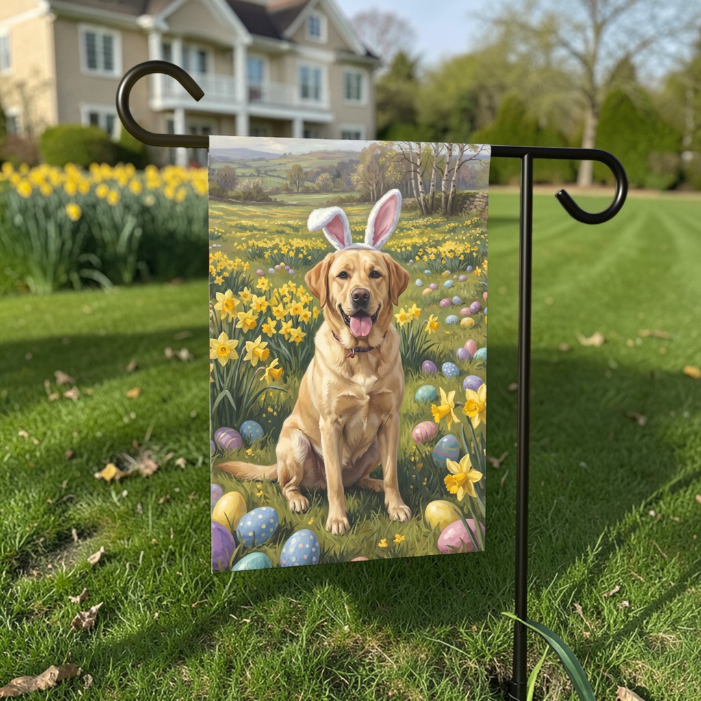 Pink Bunny Ears Yellow Labrador Retriever Easter Garden Flag - outdoor display - Dragonfire Gardens