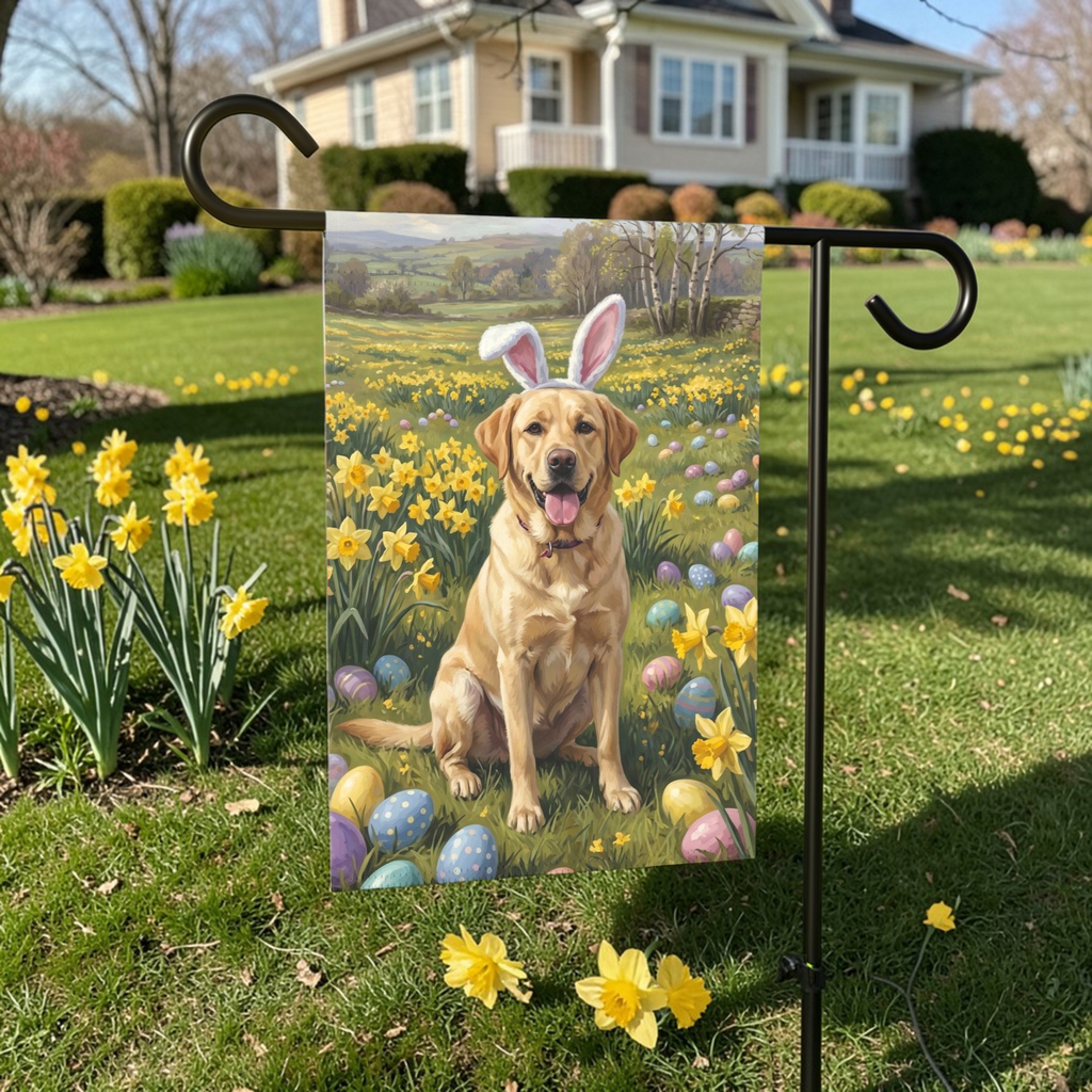 Pink Bunny Ears Yellow Labrador Retriever Easter Garden Flag - lifestyle display - Dragonfire Gardens