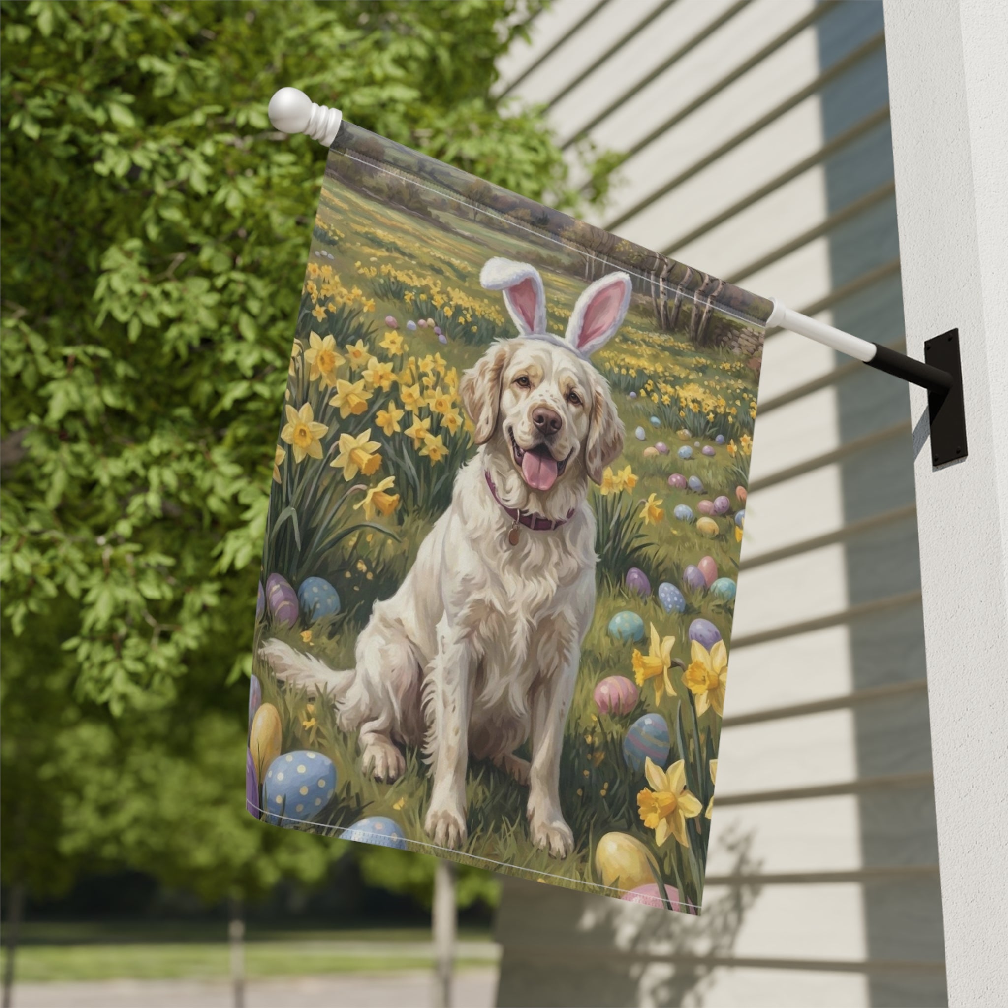 Pink Bunny Ear Clumber Spaniel Easter Garden Flag - yard display - Dragonfire Gardens