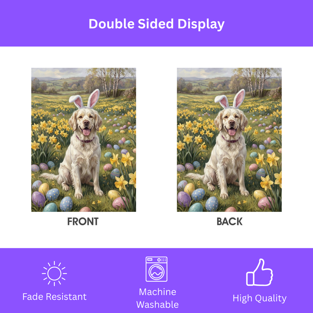 Pink Bunny Ear Clumber Spaniel Easter Garden Flag - porch decor - Dragonfire Gardens