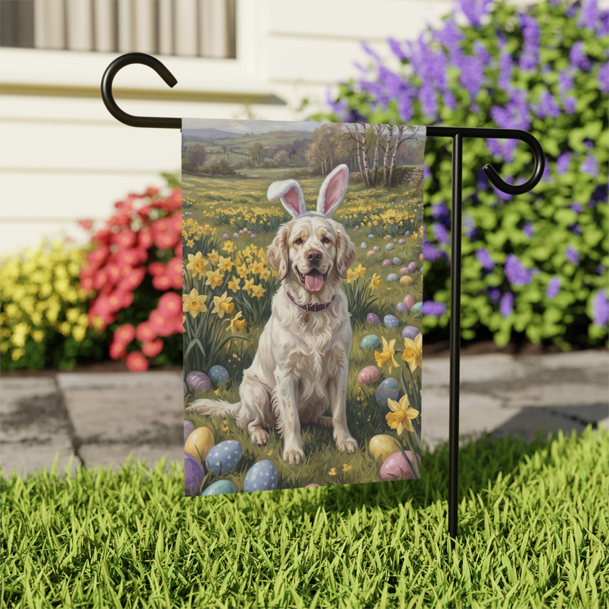 Pink Bunny Ear Clumber Spaniel Easter Garden Flag - close-up detail - Dragonfire Gardens