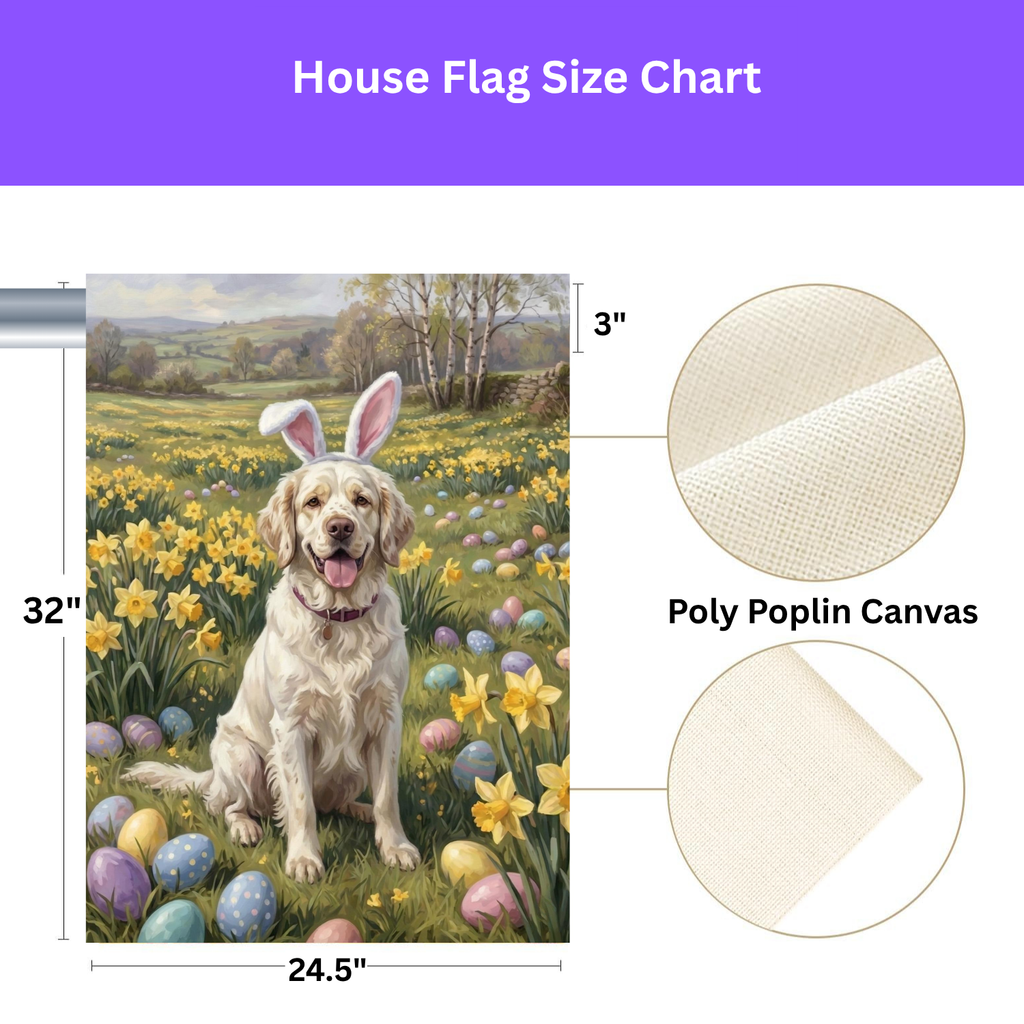 Pink Bunny Ear Clumber Spaniel Easter Garden Flag - size comparison - Dragonfire Gardens