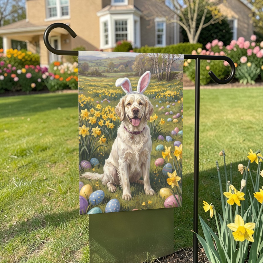 Pink Bunny Ear Clumber Spaniel Easter Garden Flag - front view - Dragonfire Gardens
