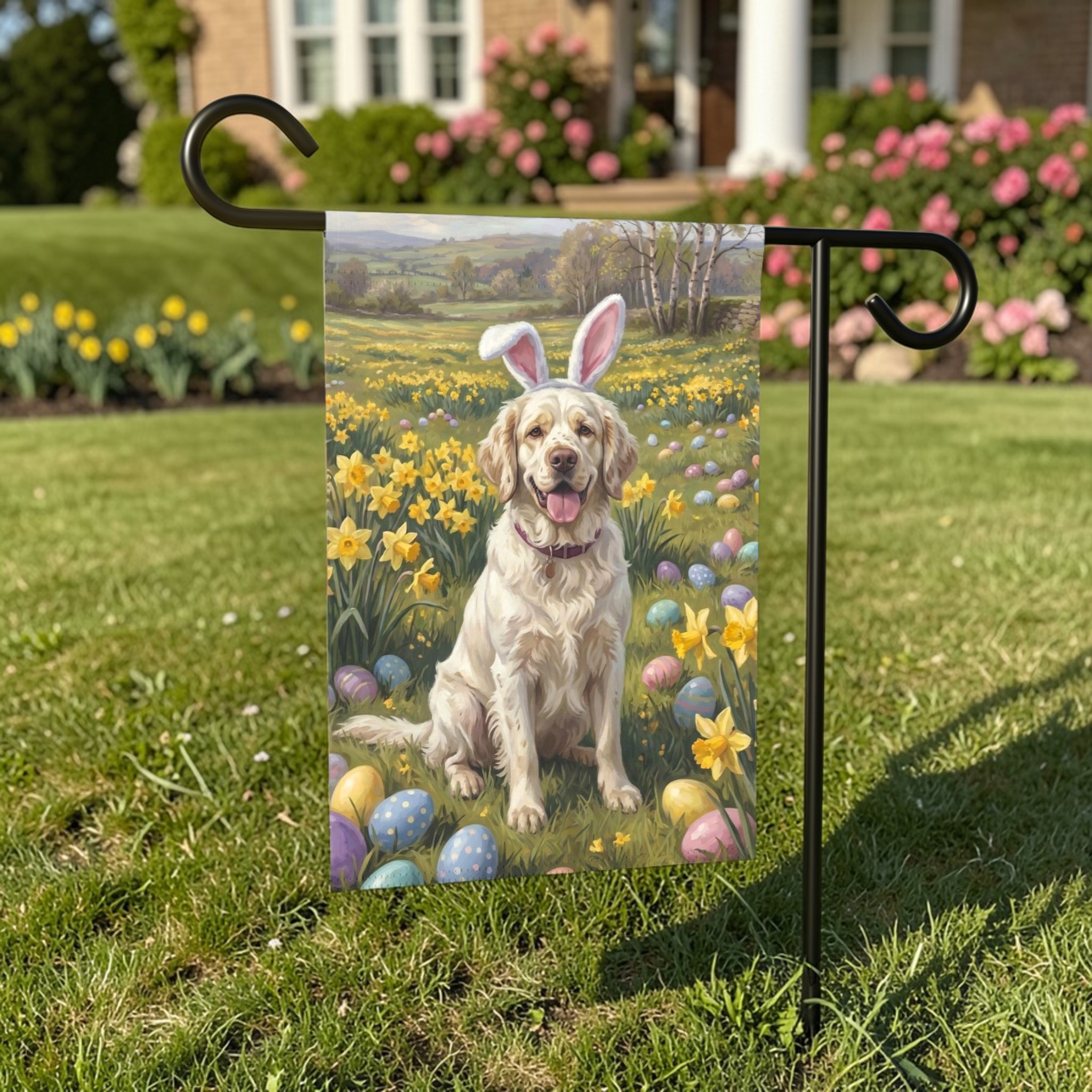 Pink Bunny Ear Clumber Spaniel Easter Garden Flag - lifestyle display - Dragonfire Gardens