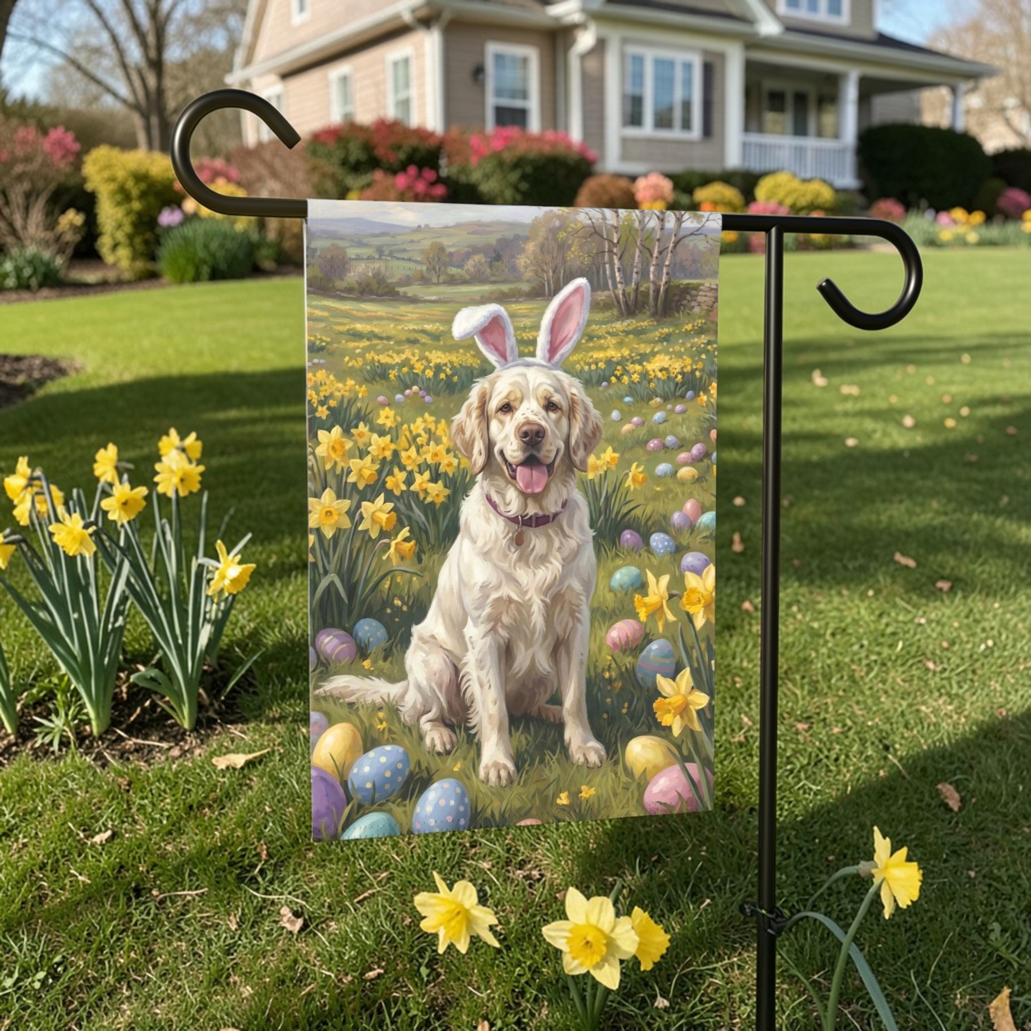 Pink Bunny Ear Clumber Spaniel Easter Garden Flag - outdoor display - Dragonfire Gardens