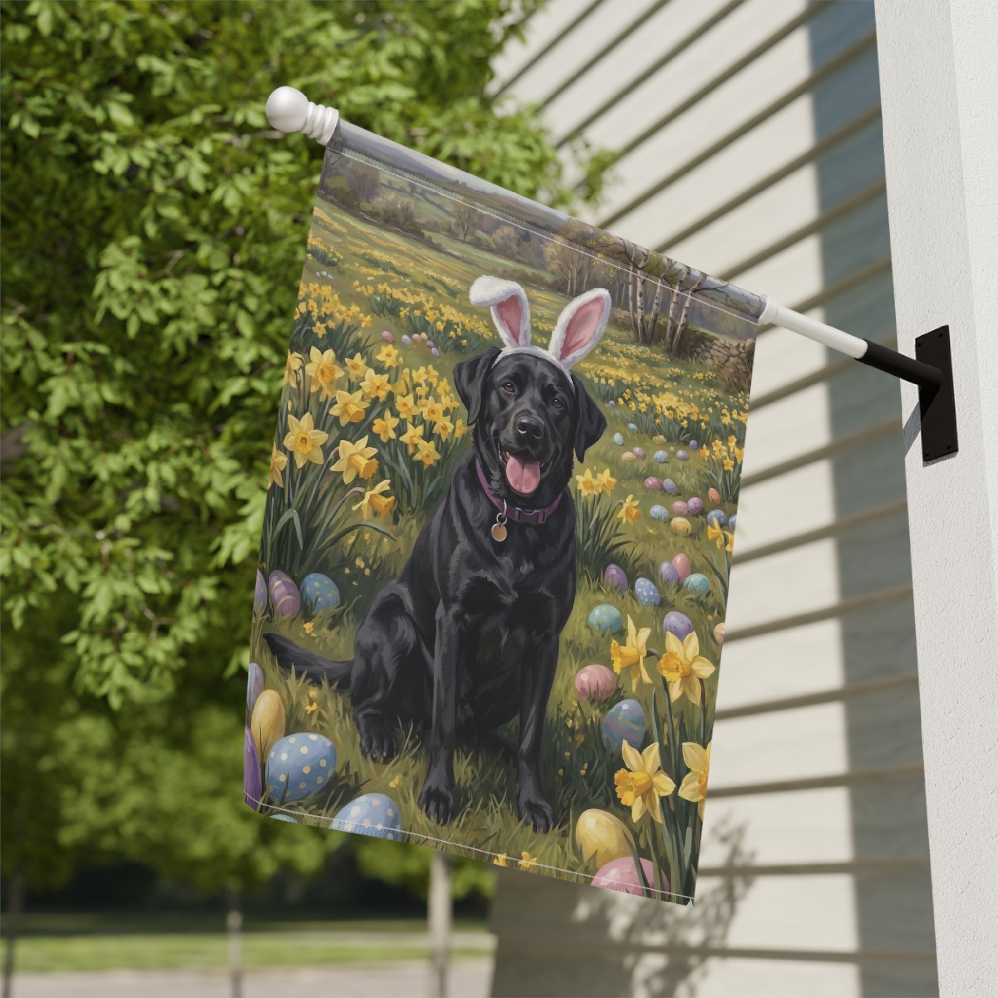 Pink Bunny Ears Black Labrador Easter Garden Flag - yard display - Dragonfire Gardens