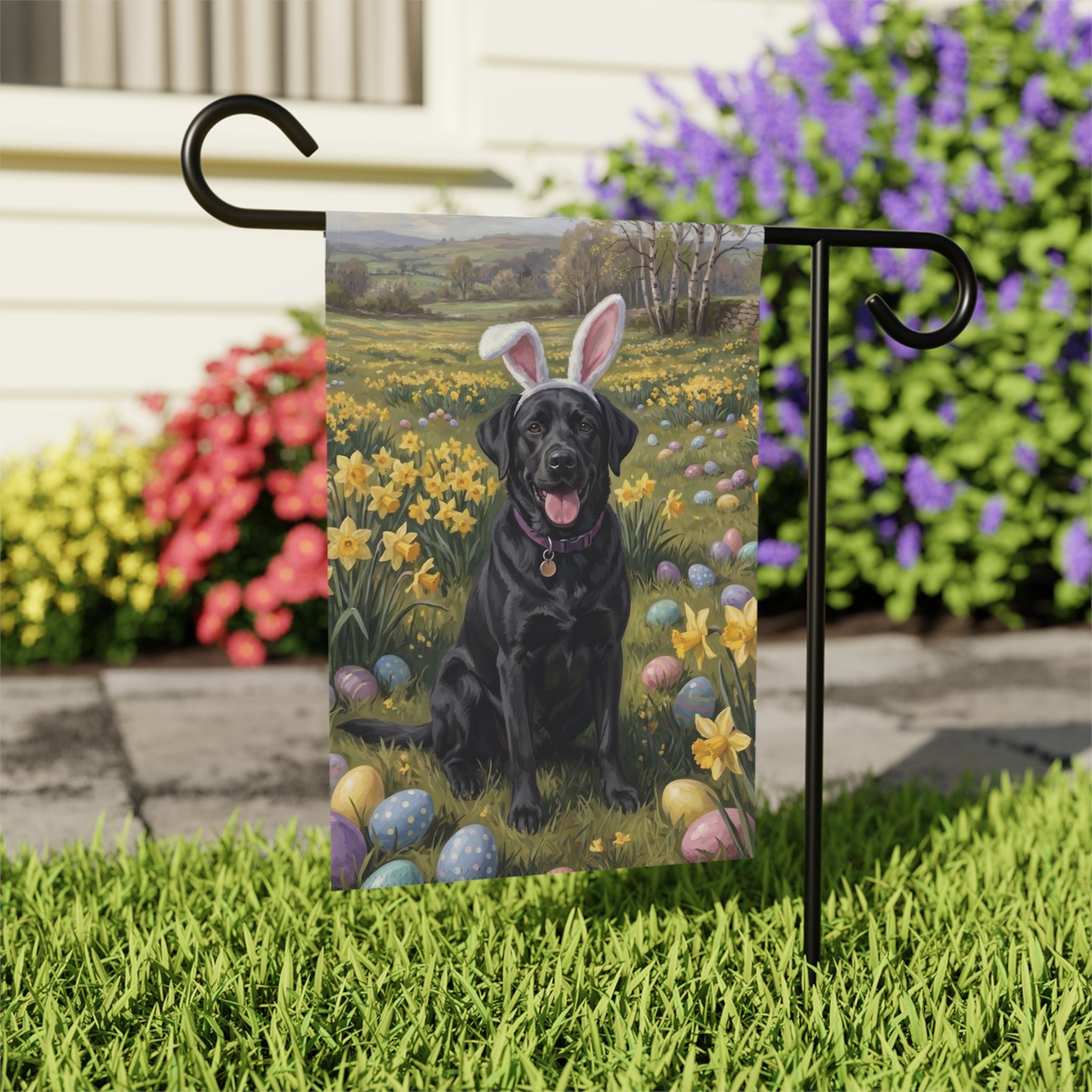Pink Bunny Ears Black Labrador Easter Garden Flag - close-up detail - Dragonfire Gardens
