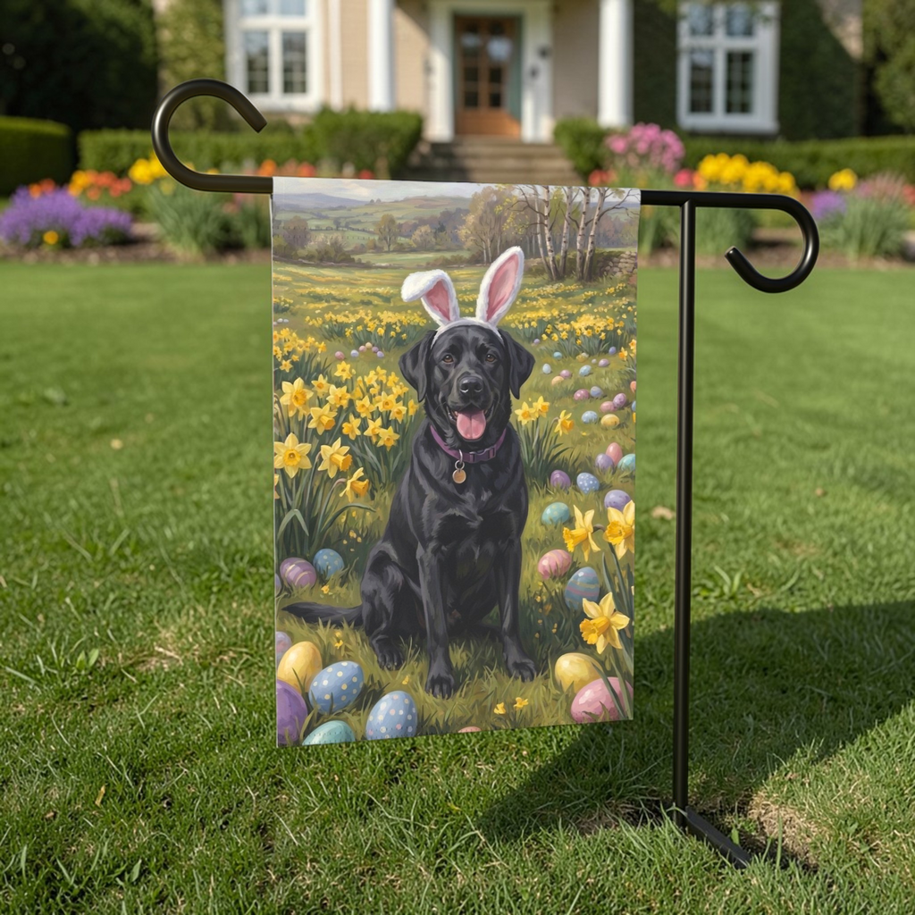 Pink Bunny Ears Black Labrador Easter Garden Flag - outdoor display - Dragonfire Gardens