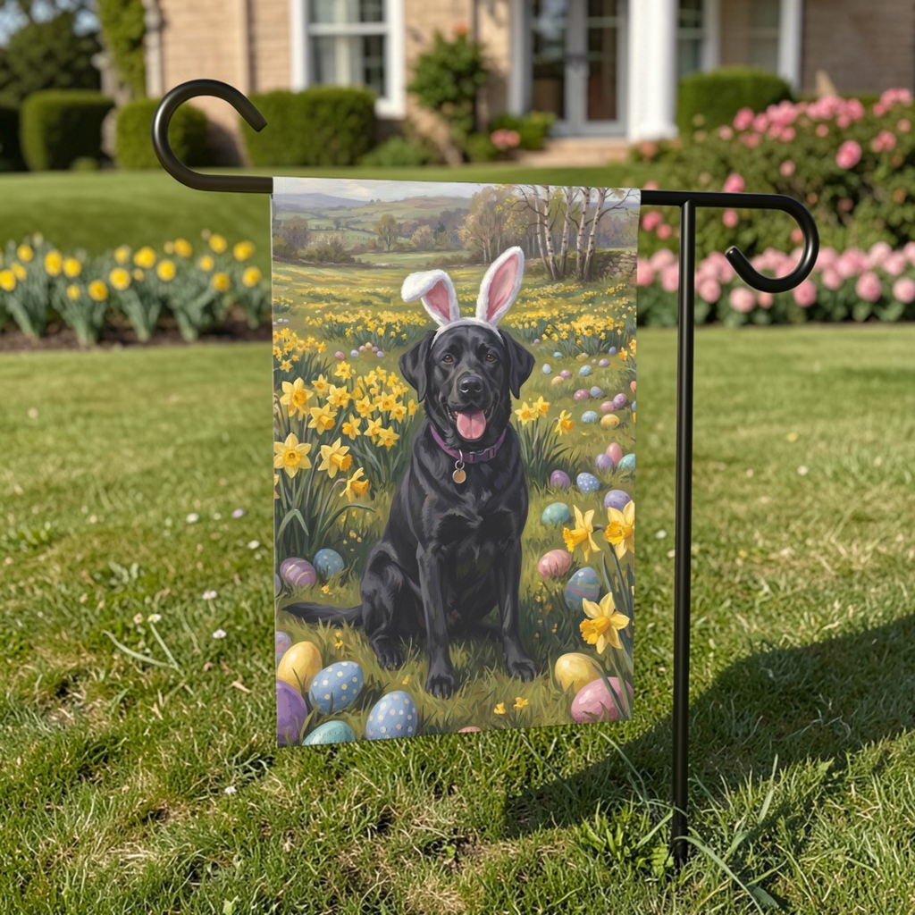 Pink Bunny Ears Black Labrador Easter Garden Flag - front view - Dragonfire Gardens