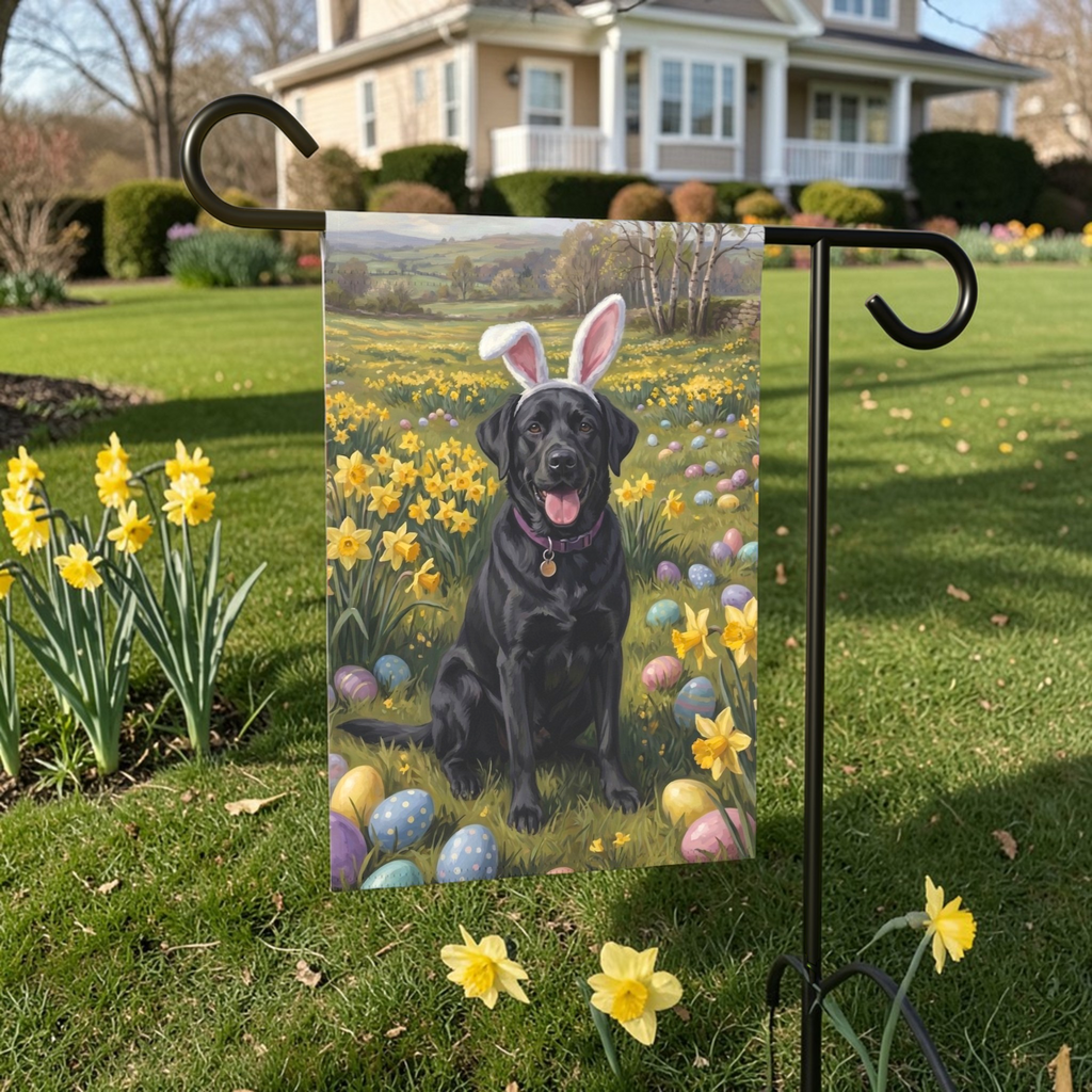 Pink Bunny Ears Black Labrador Easter Garden Flag - lifestyle display - Dragonfire Gardens