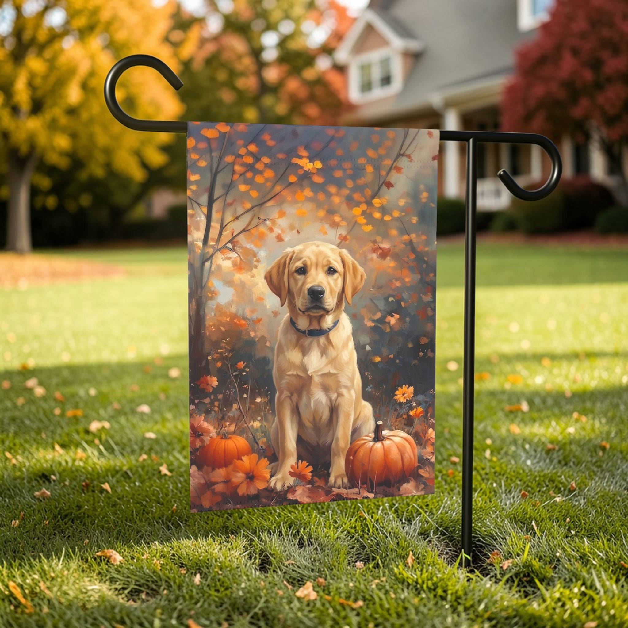 Fall Yellow Labrador Retriever Garden Flag - outdoor display - Dragonfire Gardens