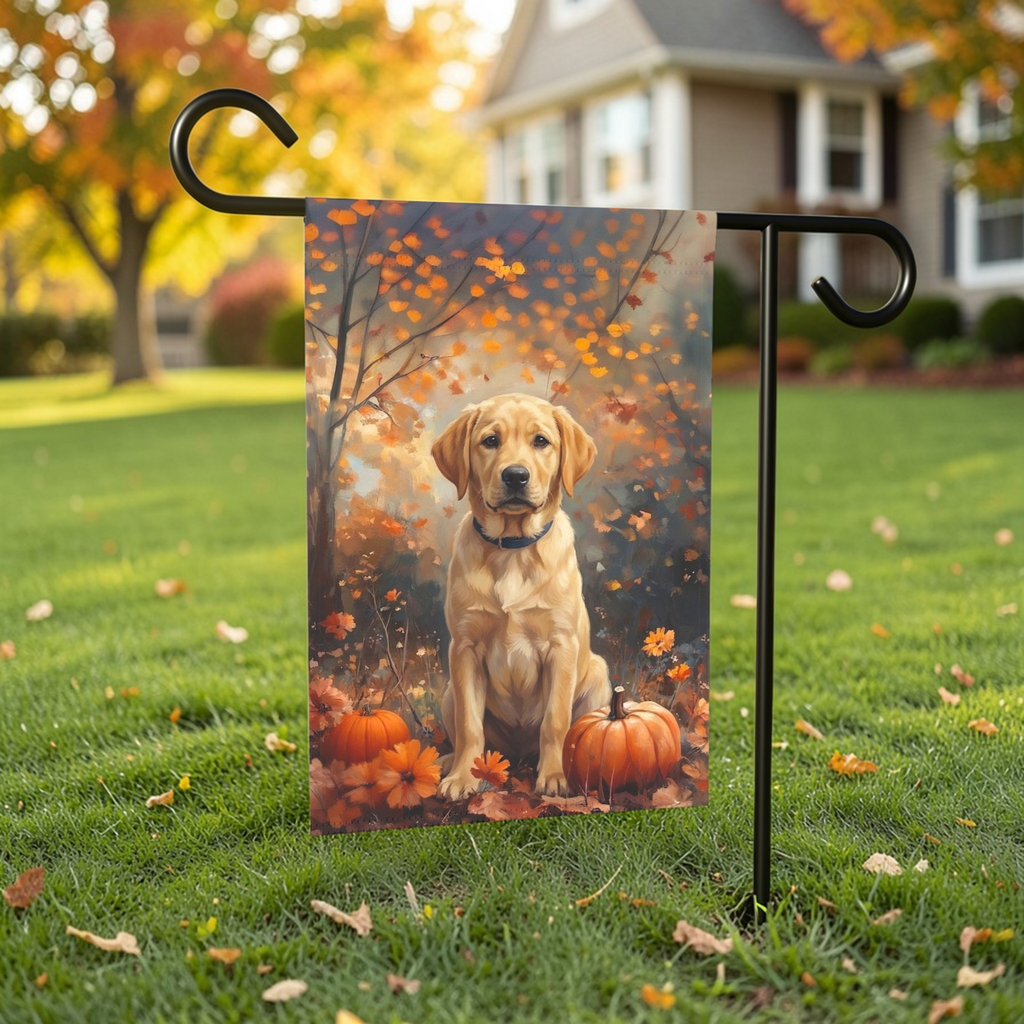 Fall Yellow Labrador Retriever Garden Flag - lifestyle display - Dragonfire Gardens