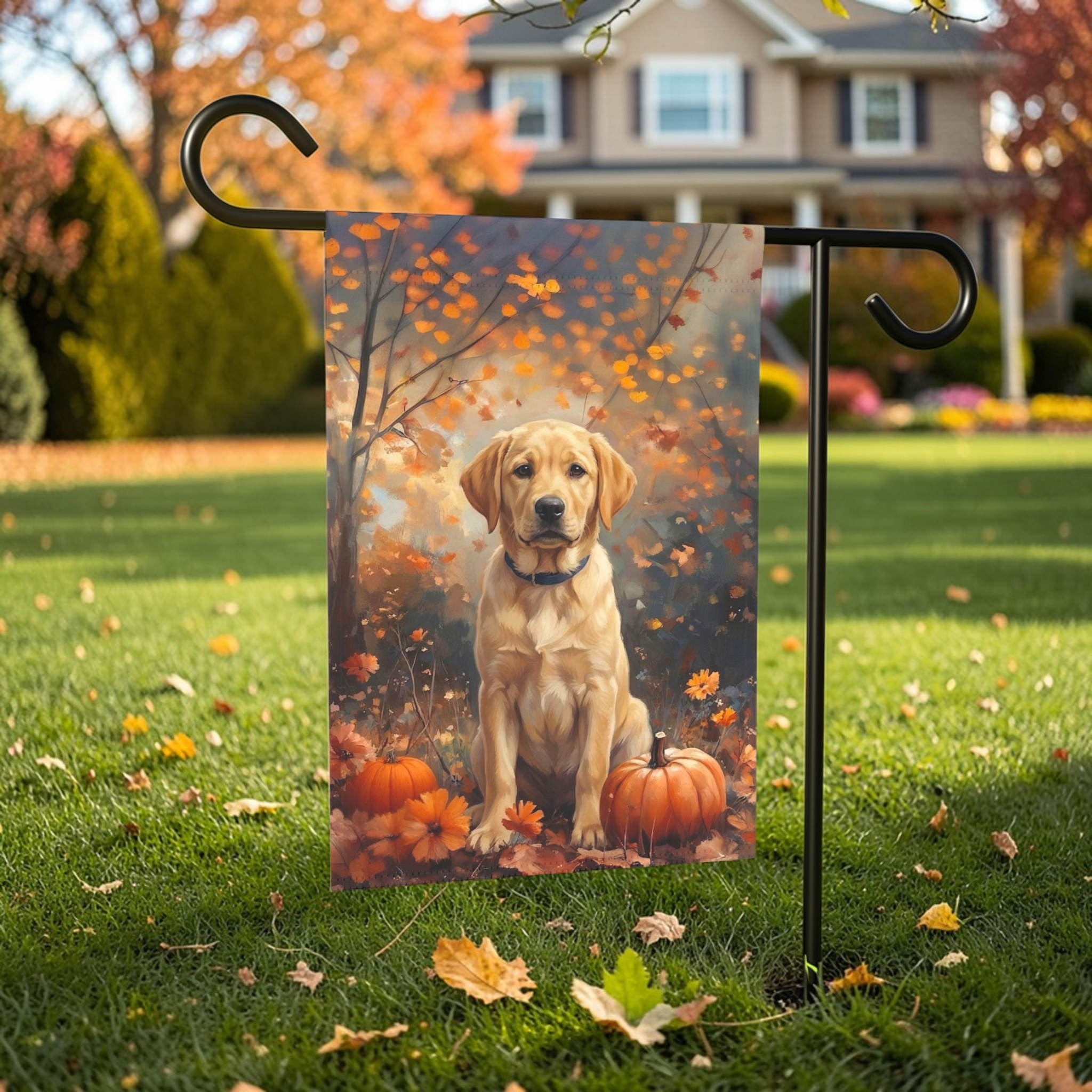 Fall Yellow Labrador Retriever Garden Flag - front view - Dragonfire Gardens